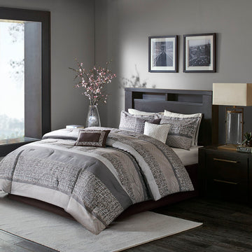 7 Piece Jacquard Comforter Set Grey Taupe Cal King California King Grey Taupe Polyester