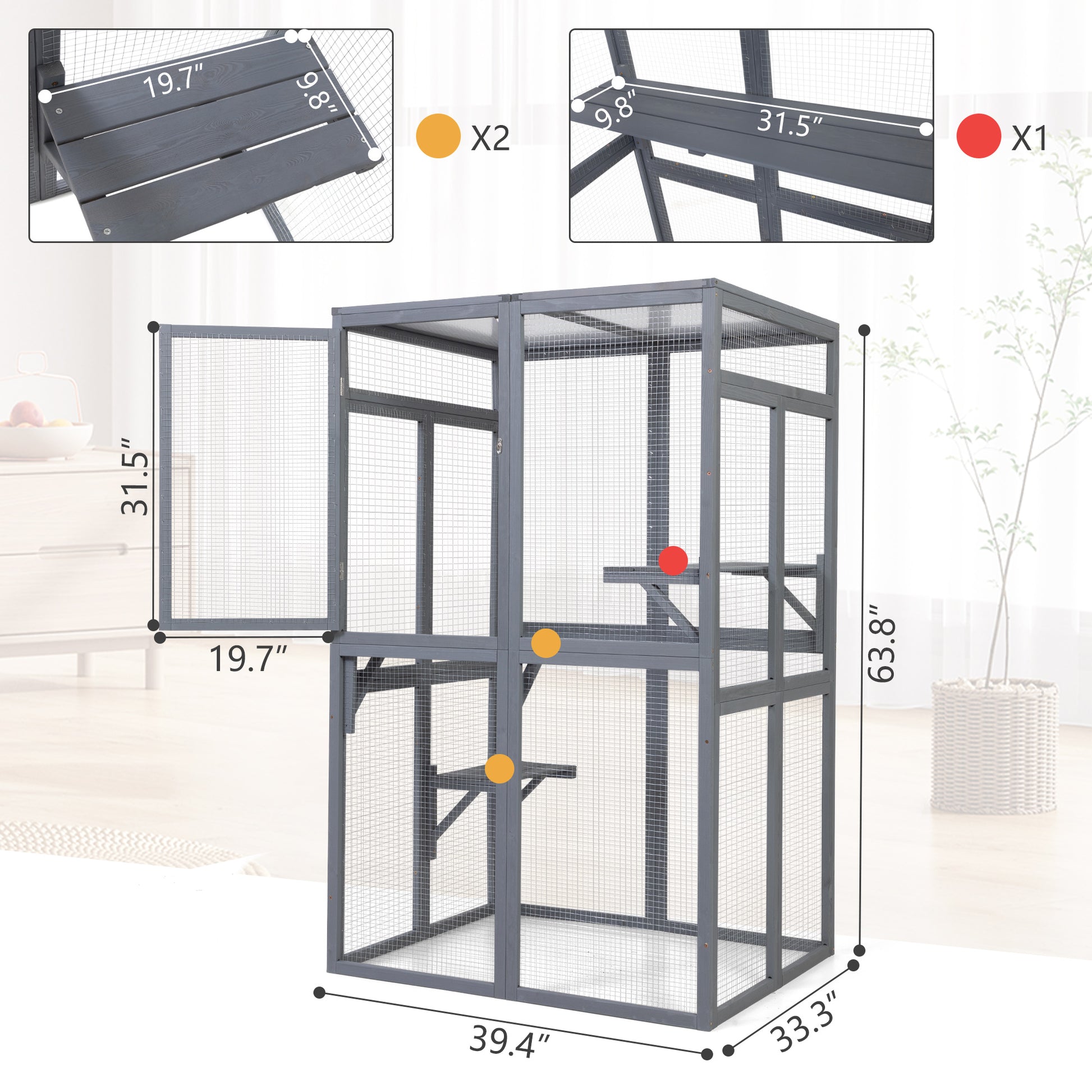 Wooden Cat Catio, Outdoor Cat Enclosure, Cat House With Platforms, Sunshine Board, Hammock, Door, Kitten Cage Condo, Grey Grey Wood Metal