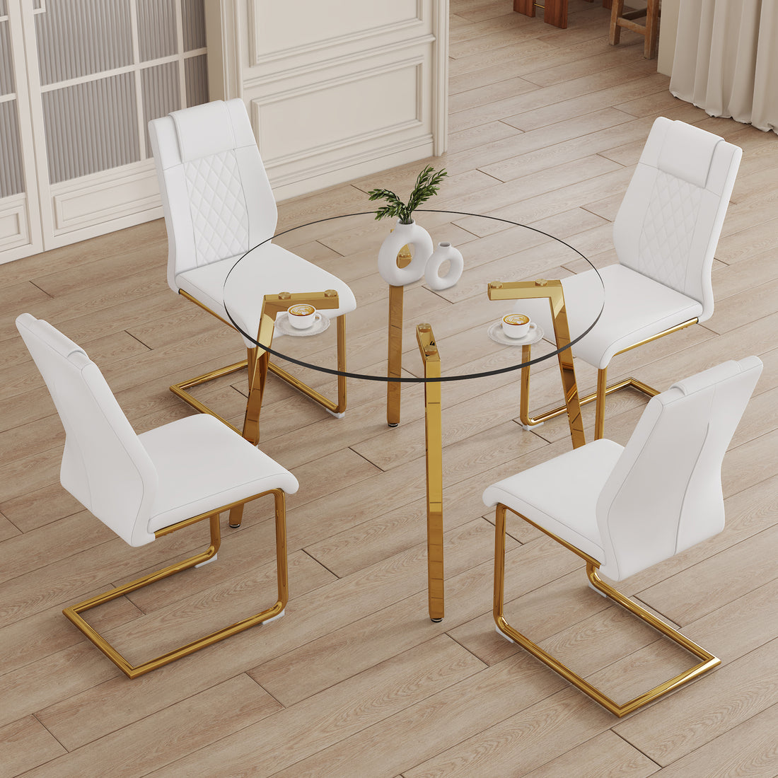 Table And Chair Set.A Modern Minimalist Style Round Clear Tempered Glass Table With Metal Legs.Paried With White Chairs With Modern Pu Leather High Back Upholstered And C Tube Golden Legs. Transparent,White Seats 4 Glass