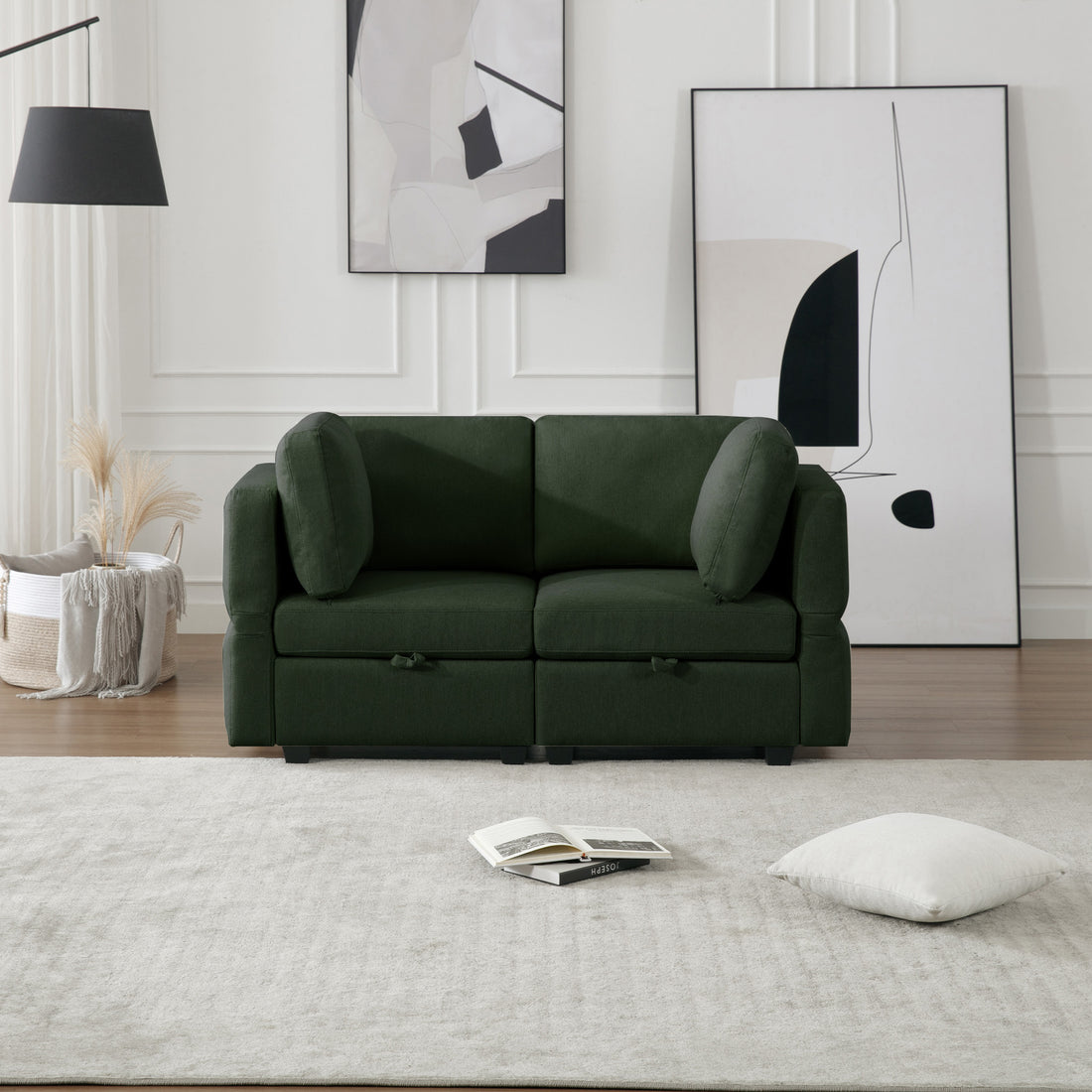 Contemporary Modern Chic Upholstered Fabric Sofa With Storage Seats And Storage Ottomans, 2 Seater Sofa Fabric Couch With Adjustable Arms And Backs For Living Room Green Green Polyester 2 Seat