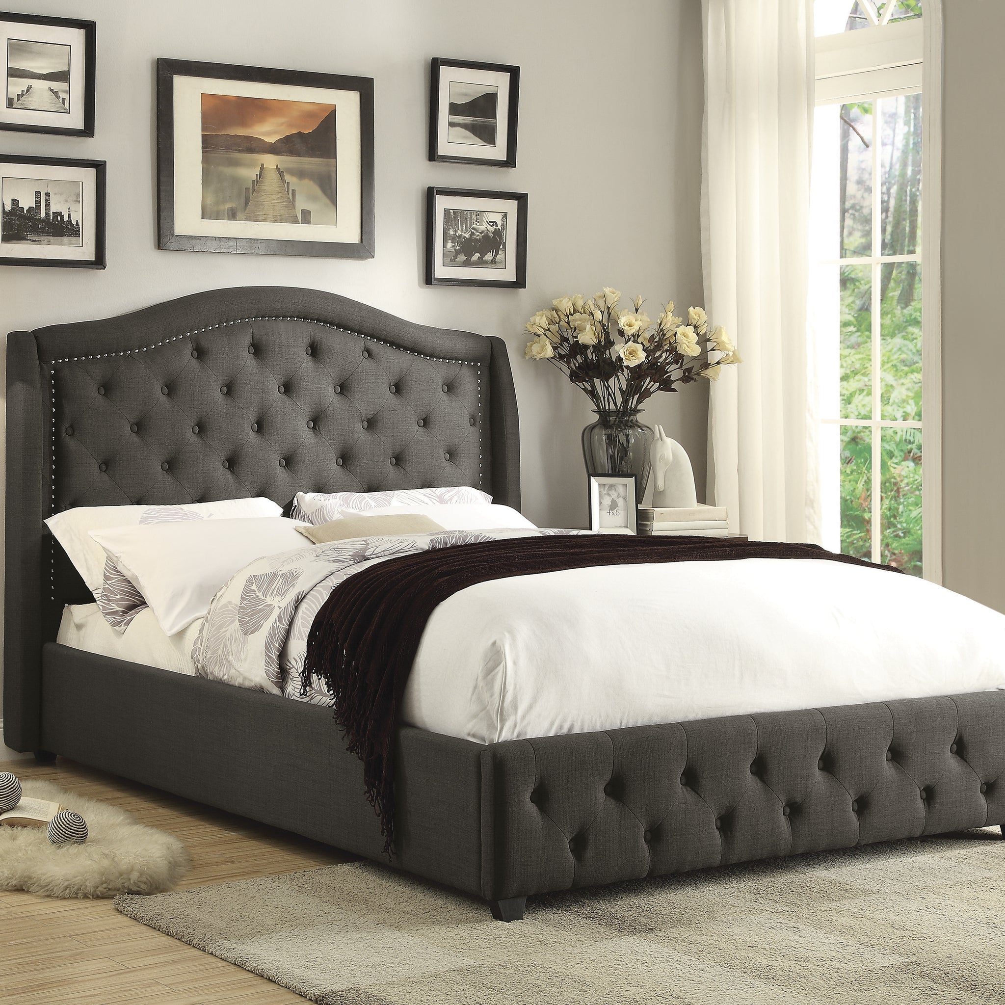 Modern Traditional Style Queen Bed 1Pc Solid Wood Frame Charcoal Fabric Upholstered Button Tufted Headboard Trim Box Spring Required Queen Charcoal Wood Bedroom Polyester Solid Wood