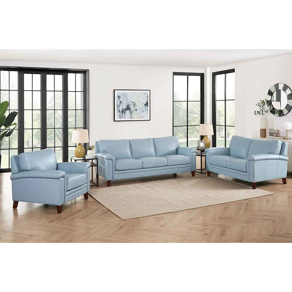 Westcott Leather Sofa Blue Memory Foam Genuine Leather 3 Seat