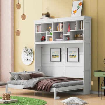 Queen Size Murphy Bed Wall Bed With Top Shelves & Usb,White Queen White Plywood