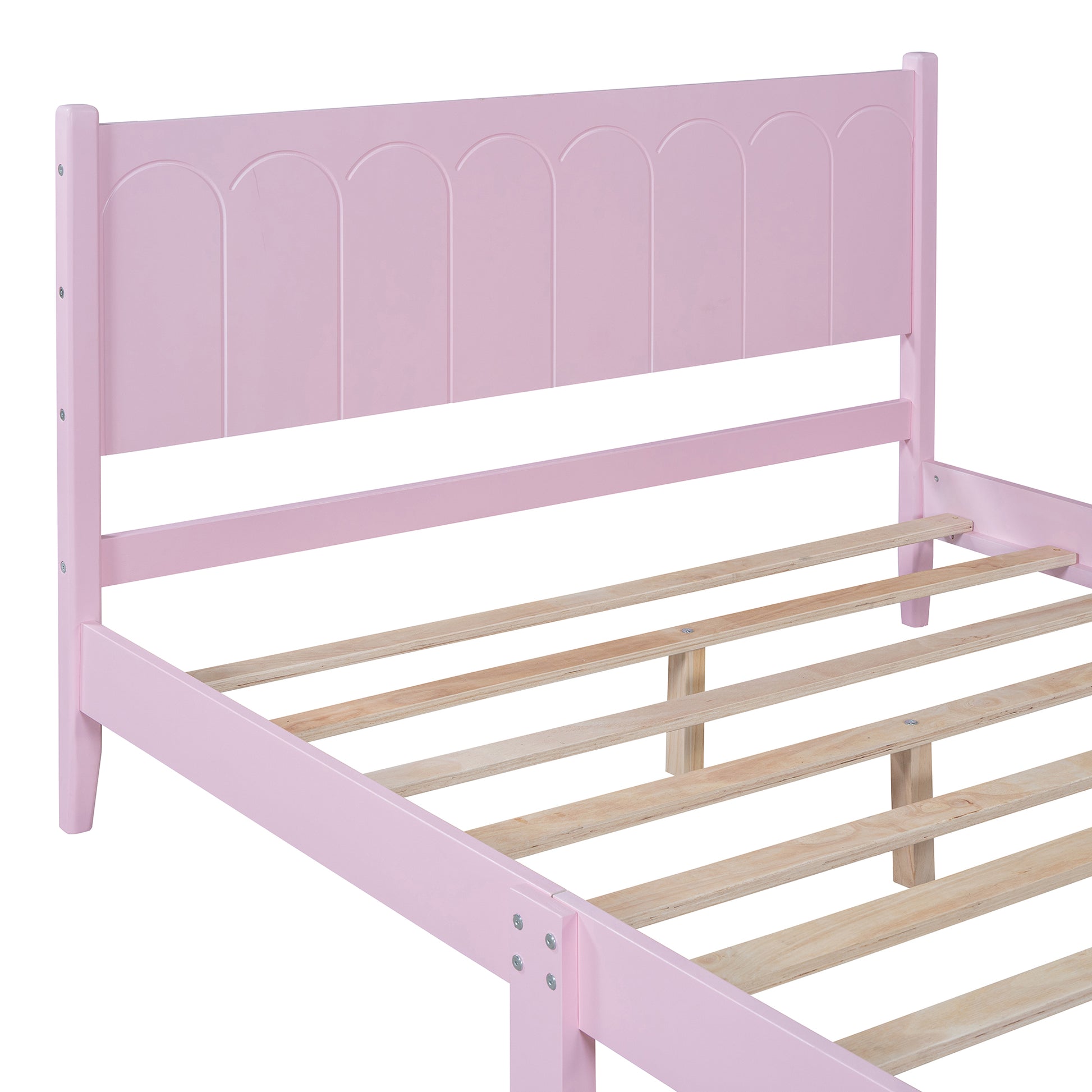 Full Size Wood Platform Bed Frame, Retro Style Bed With Rectangular Headboard,No Need Box Spring,Pink Full Pink Wood