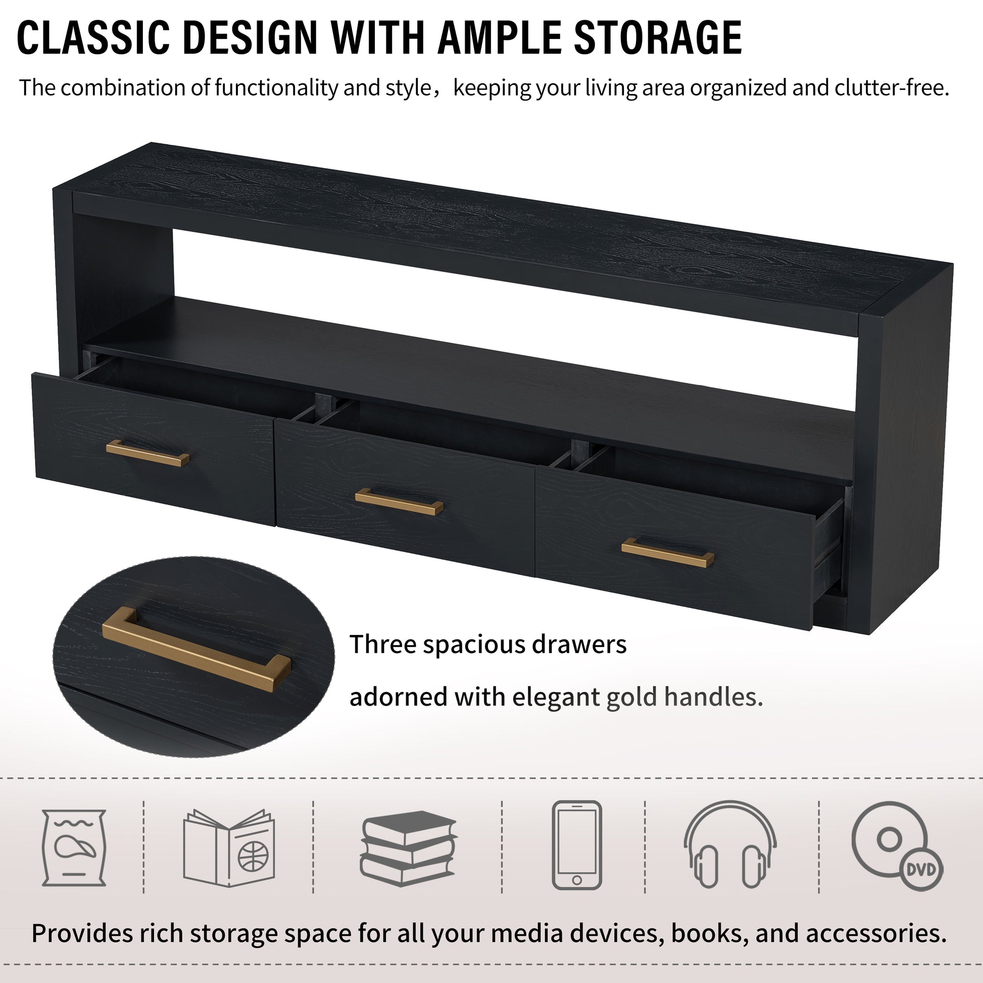 Mirod Stylish Tv Stand With Large Storage,Classic Design With Three Drawers And Spacious Surface,Minimalist Metal Handles,Versatile As Tv Console Or Side Cabinet Black 70 79 Inches Mdf