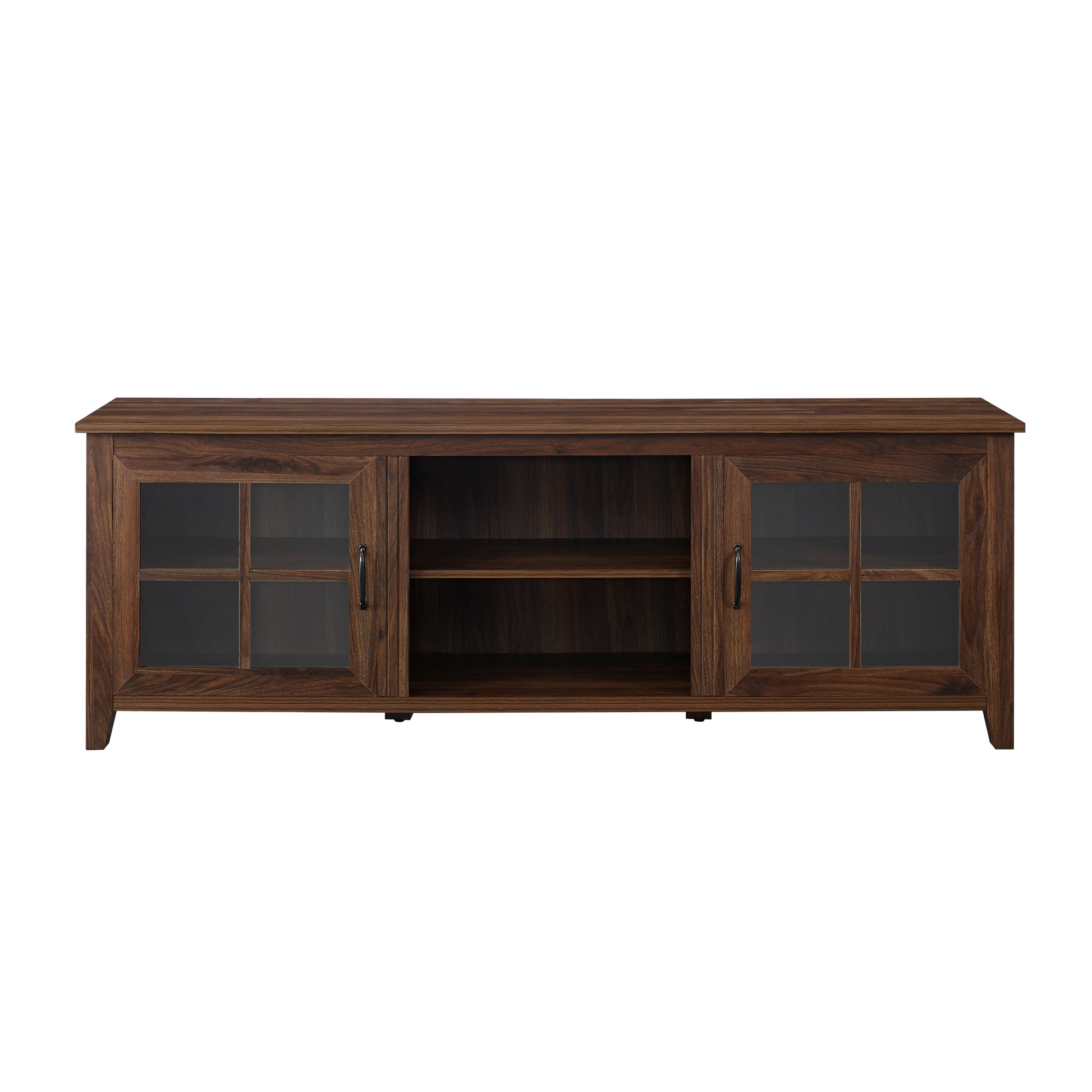 Modern Farmhouse 2 Door Glass Windowpane 70" Tv Stand For 80" Tvs Dark Walnut Dark Brown Mdf