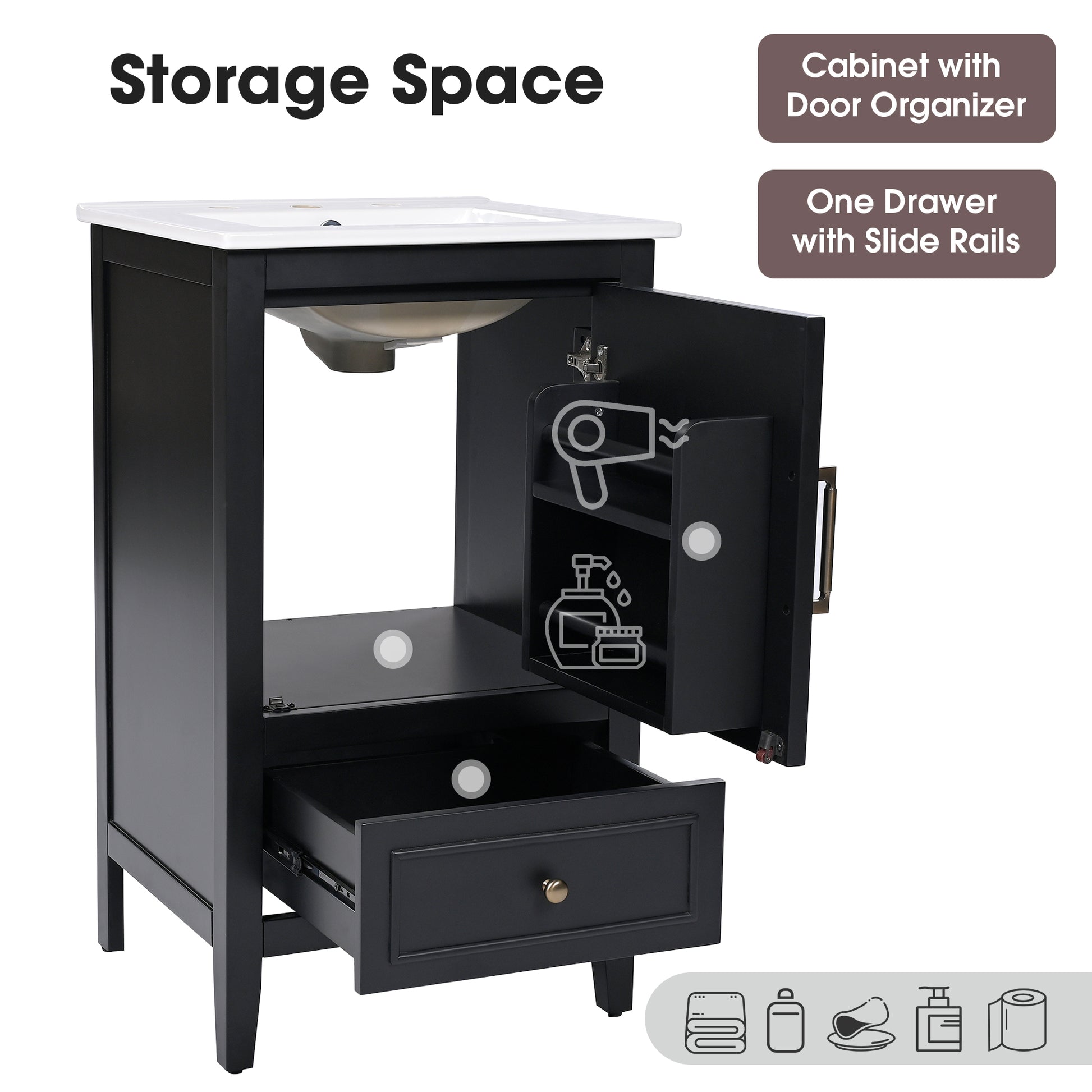 20" Bathroom Vanity With Sink, Bathroom Cabinet With Two Doors, Door Shelf Storage And Adiustable Foot Pads, A Drawer, Black Black Solid Wood Mdf