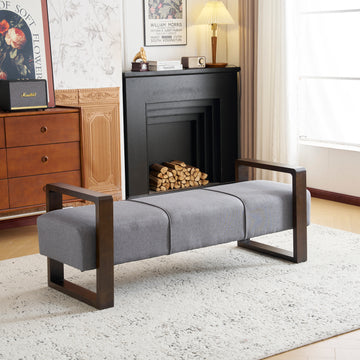 Sleek And Stylish Long Shaped Ottoman, Gray Grey Brown Brown Suede Polyester Grey Modern Rectangle Foam Polyester,Wood