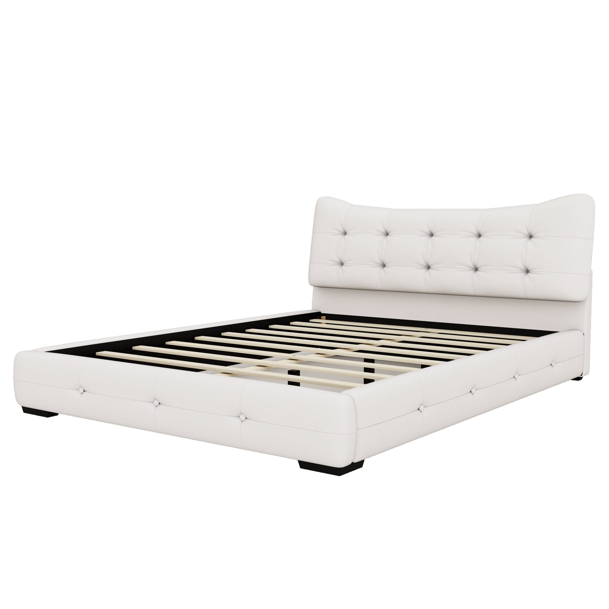 Modern Pu Upholstered Queen Bed With Ergonomic Wingback Headboard, No Box Spring Needed, Cream Box Spring Not Required Queen Cream Composite Bedroom Contemporary Bed Frame Pu,Upholstered