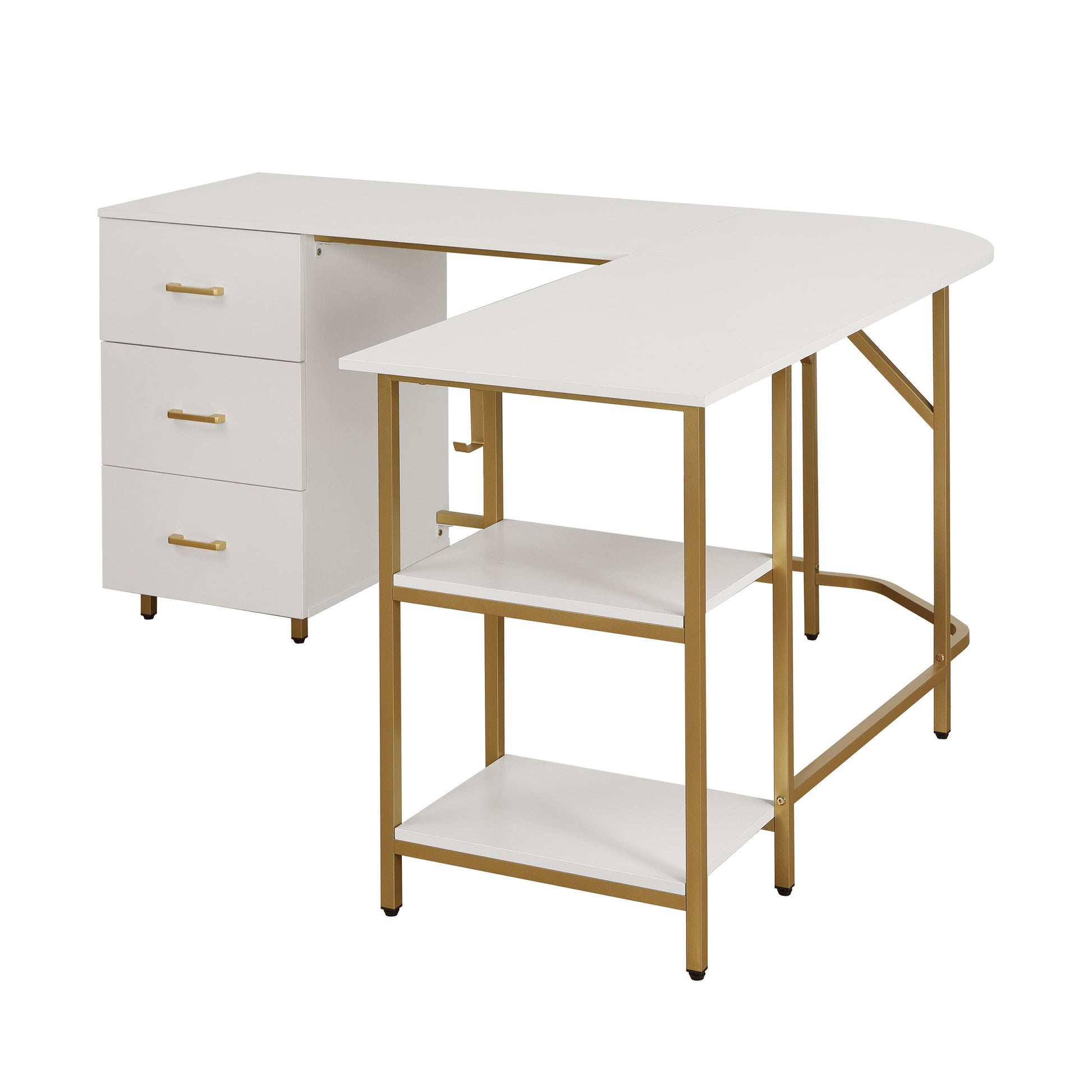 Techni Mobili L Shape Home Office Two Tone Desk With Storage, Gold Gold Computer Desk Office Modern L Shape Engineered Wood