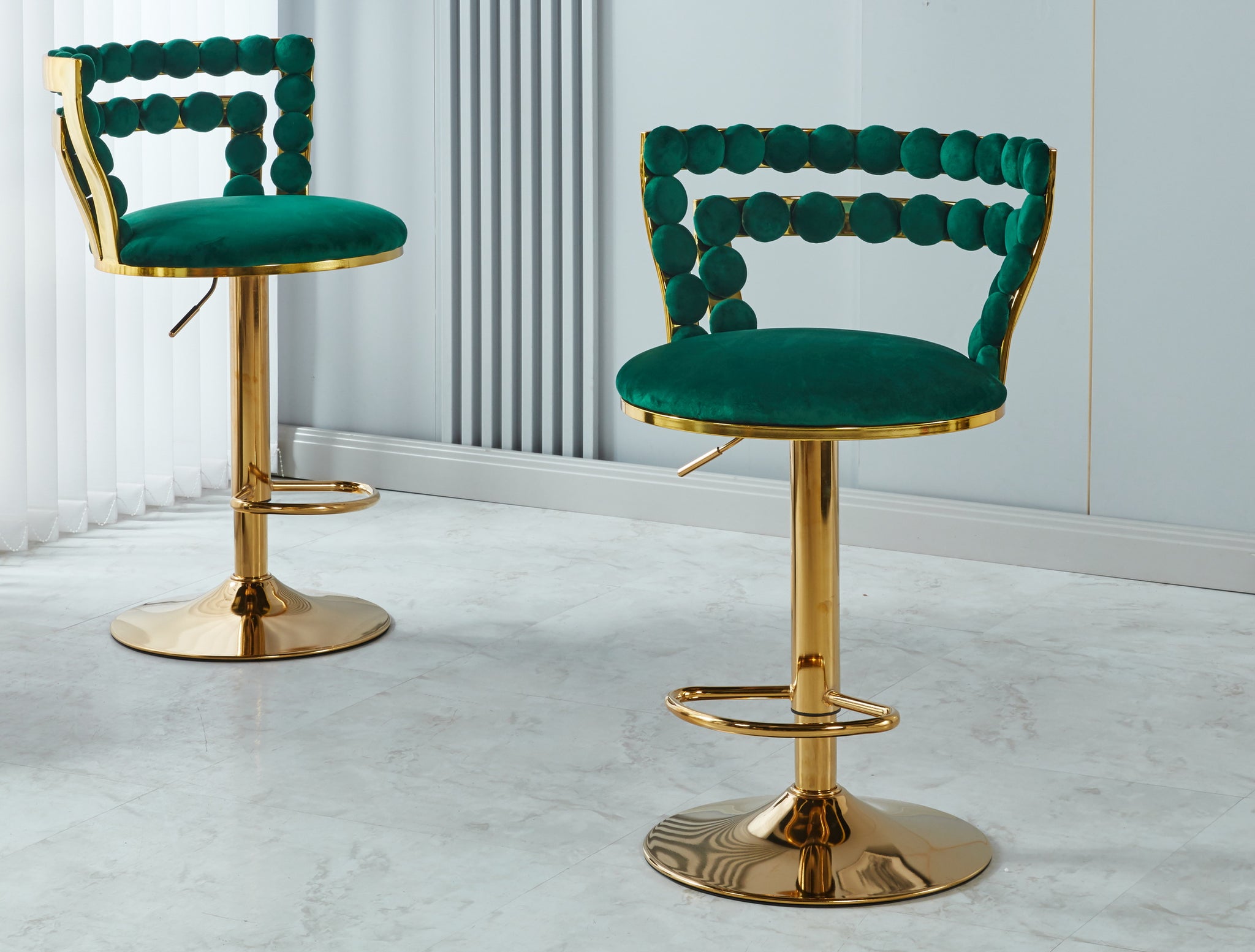 Modern Bar Chair Set Of 2 With Golden Color Iron Tube Legs, Soft Cushions And Comfortable Backrest, Suitable For Dining Room, Living Room, Cafe,Hairball Back,Bar Stool Green Fabric Metal