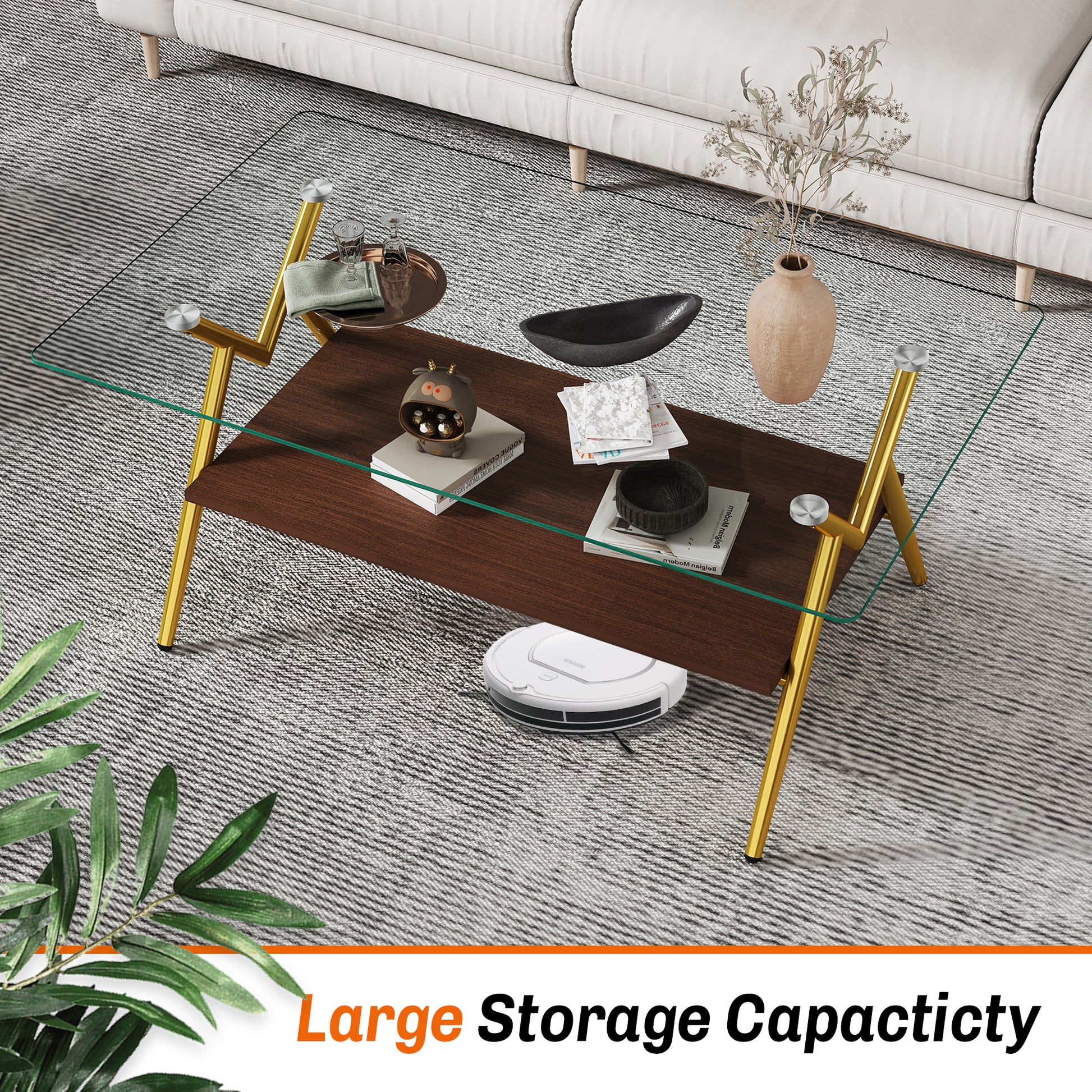 Rectangle Coffee Table With Tempered Glass Top And Golden Metal Legs, Modern Table For Living Roomtransparent Glass Transparent Tempered Glass