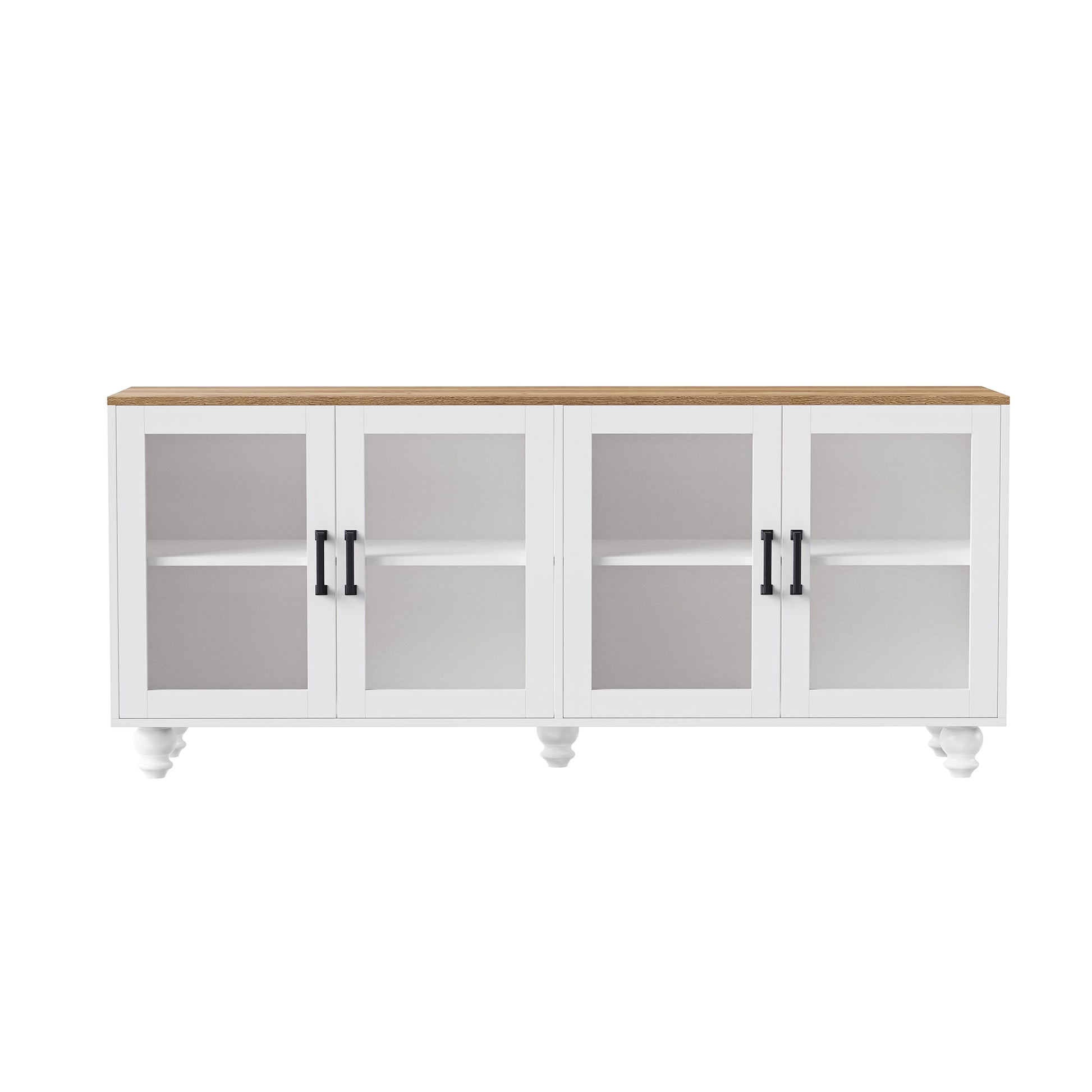 Farmhouse Tv Stand With Tempered Glass Doors For Tvs Up To 70", Versatile Sideboard With Adjustable Shelves, Elegant Buffet Cabinet With 5 Solid Wood Gourd Shaped Legs For Living Room, White White