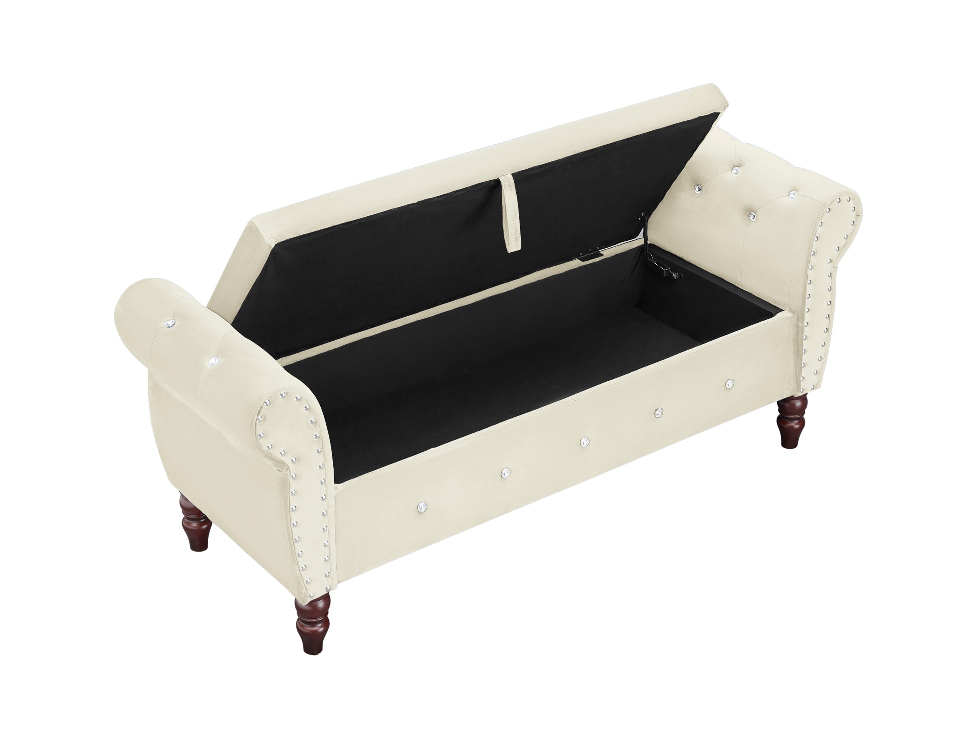 63.38"Velvet Multifunctional Storage Rectangular Ottoman Bench Comes With Crystal Buckle Solid Wood Legs With 1 Pillow,Beige Beige Velvet