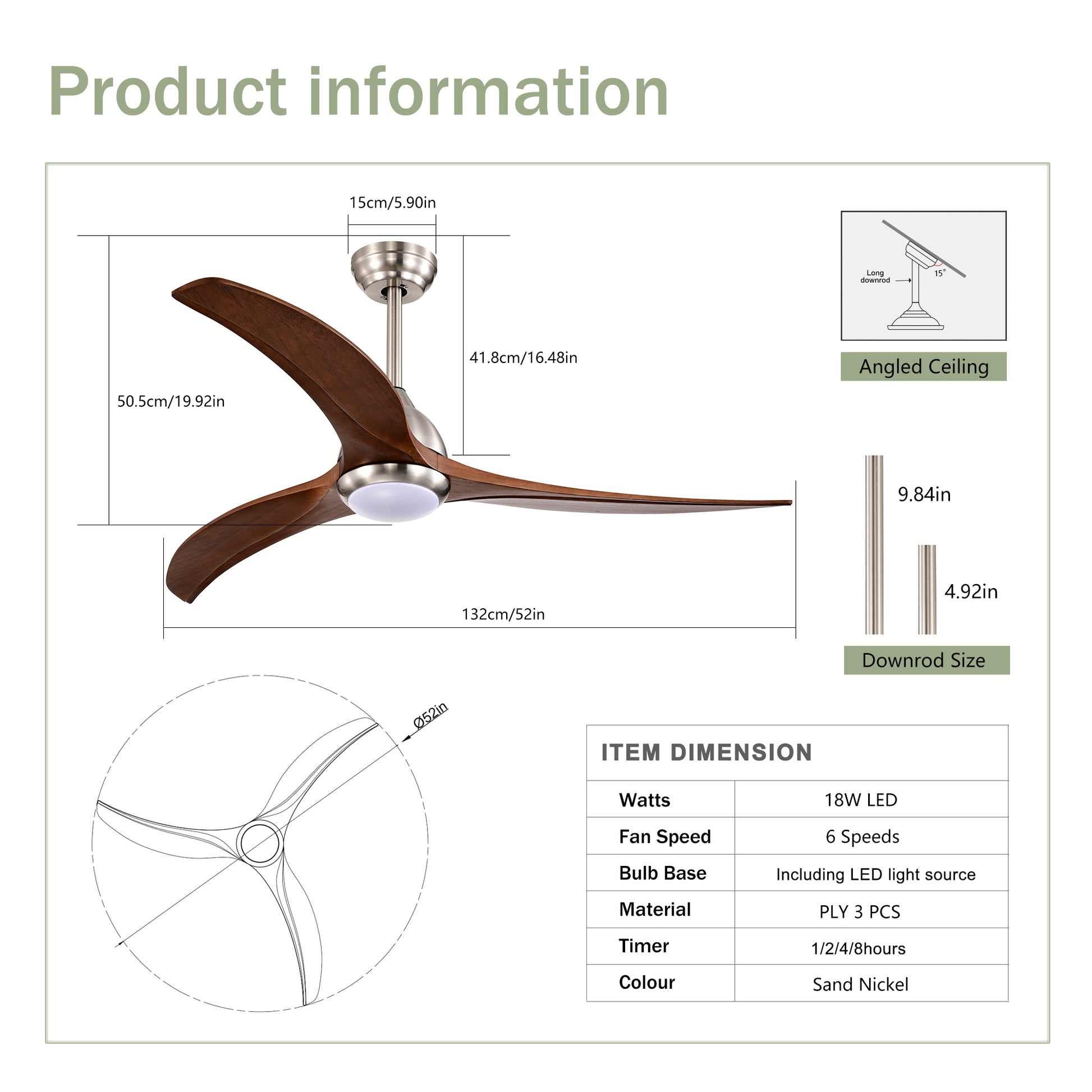 Same Sku W1592P176970 52" Solid Wood Blades Ceiling Fan With Light With Remote Control, Noiseless Reversible Motor, 6 Speed ,3 Colorfor Patio Living Room, Bedroom, Indoor. Stain Nickel Walnut Nickel