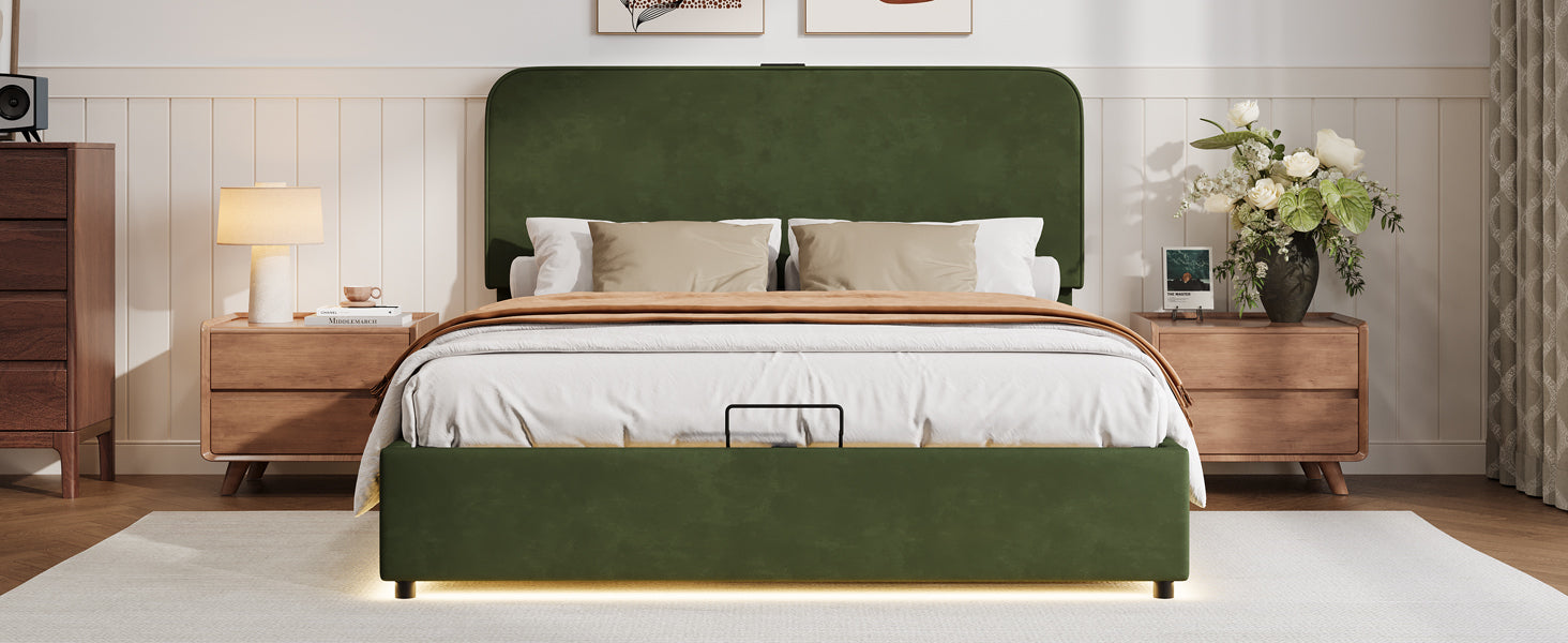 Upholstered Platform Queen Size Hydraulic Storage Bed, Lift Up Storage Bed With Rgb Led Light, Bluetooth Speaker, No Box Spring Needed, Lychee Velvet, Green Queen Green Velvet Fabric Metal