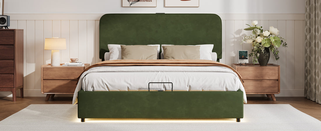 Upholstered Platform Full Size Hydraulic Storage Bed, Lift Up Storage Bed With Rgb Led Light, Bluetooth Speaker, No Box Spring Needed, Lychee Velvet, Green Full Green Velvet Fabric Metal