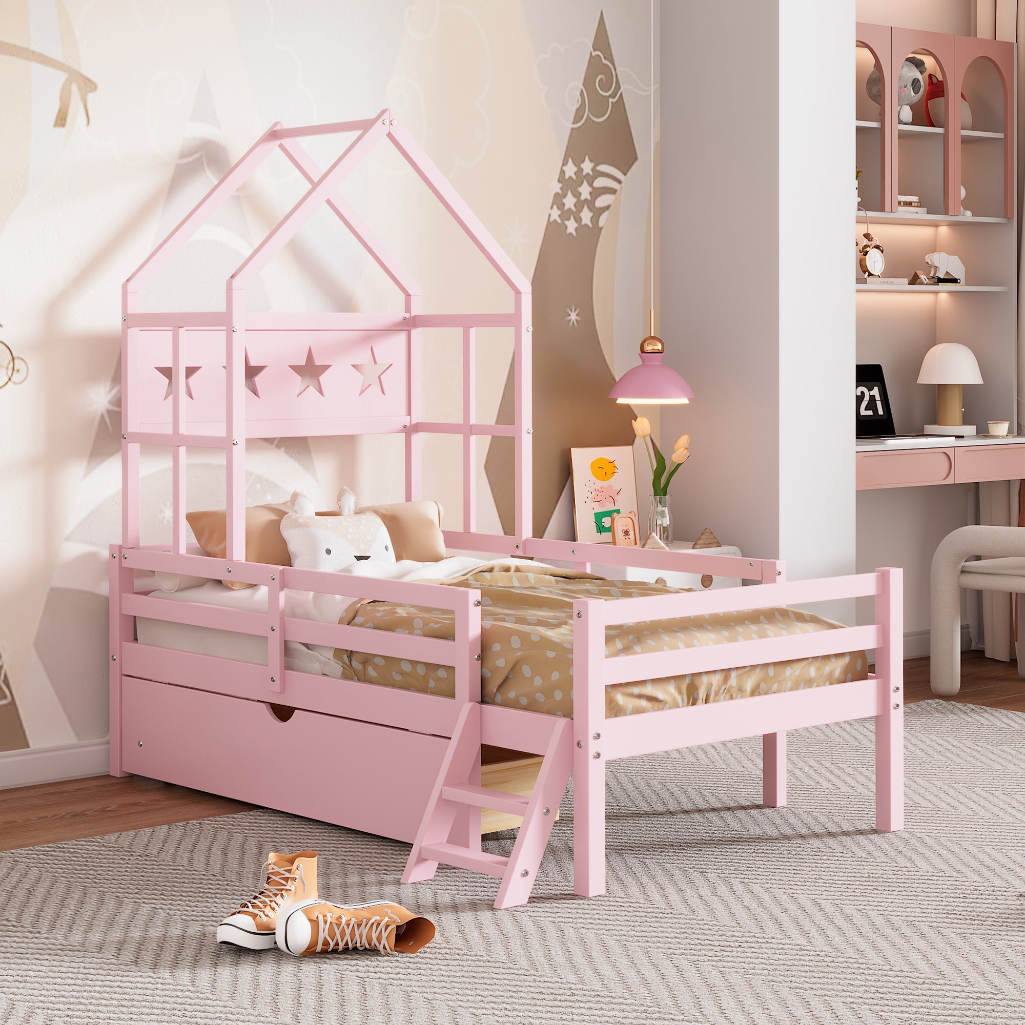 Wood Twin Size House Platform Bed With Guardrail And Drawer, Pink Box Spring Not Required Twin Pink Wood Bedroom Bed Frame Solid Wood Mdf