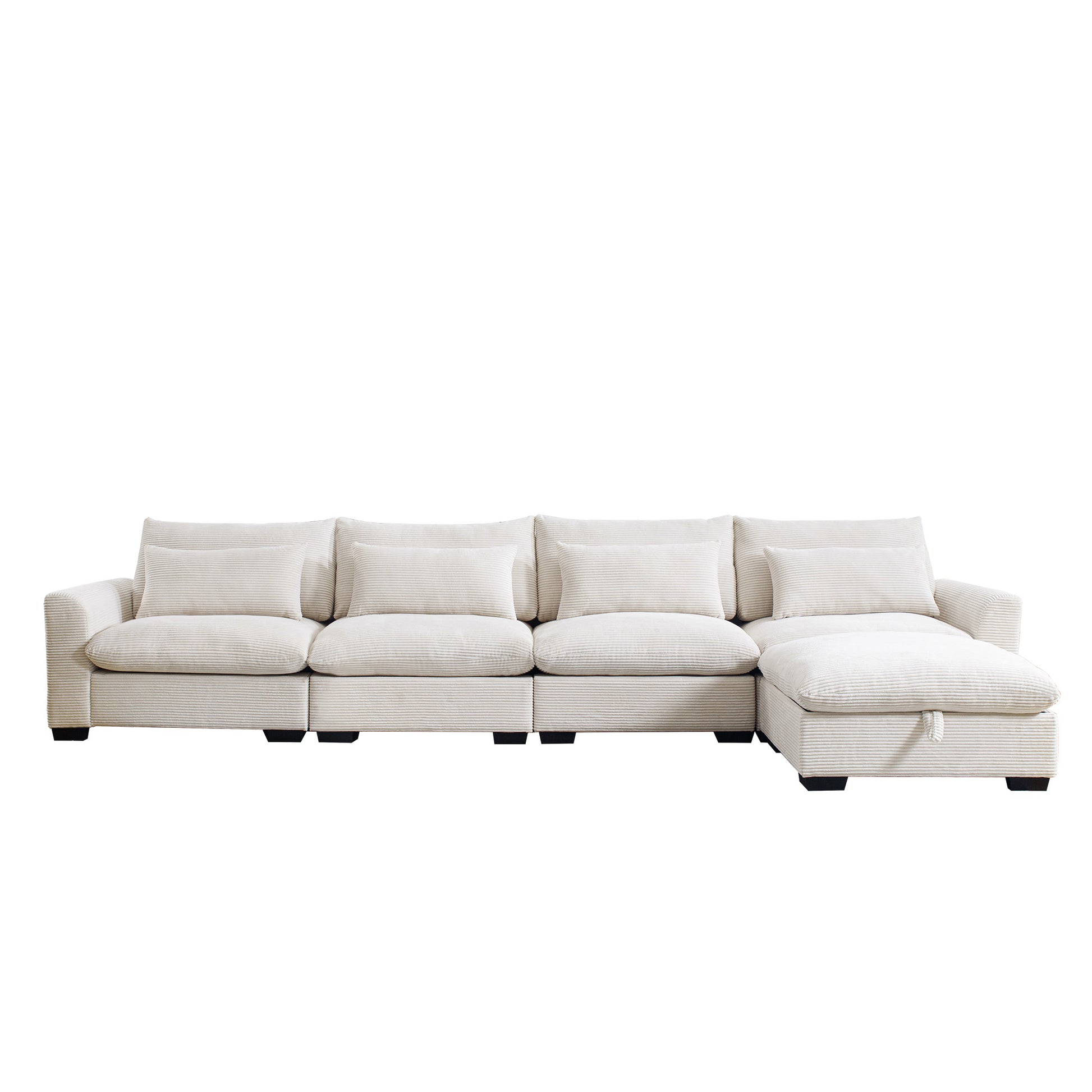Large L Shape Sectional Corduroy Sofa,Deep Seat Couch With Storage Footstool And 4 Waist Pillows,Beige Beige Corduroy 4 Seat