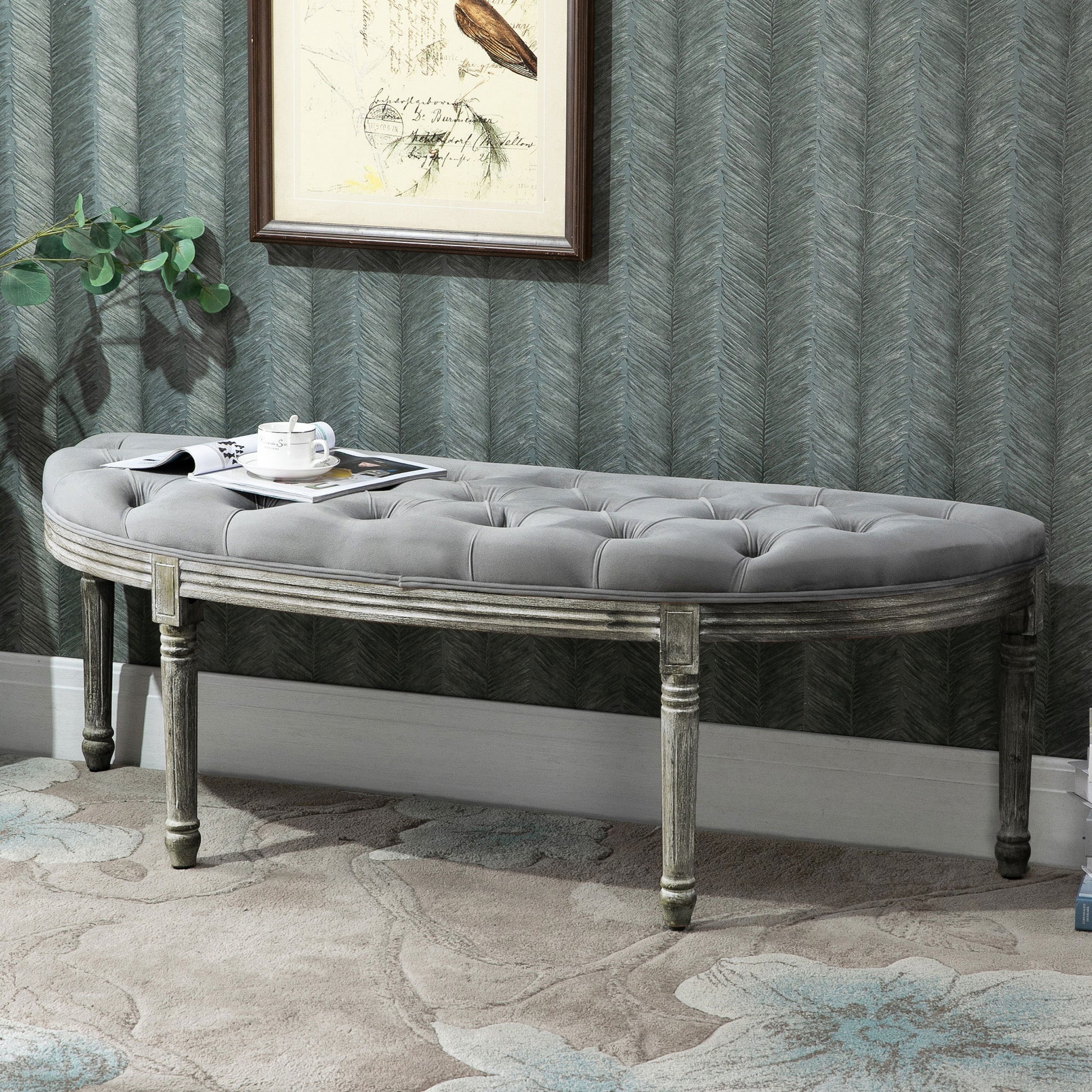 Homcom Vintage Semi Circle End Of Bed Bench, Upholstered Bedroom Entryway Bench With Tufted Velvet Touch Fabric With Rubberwood Legs, Gray Grey Polyester