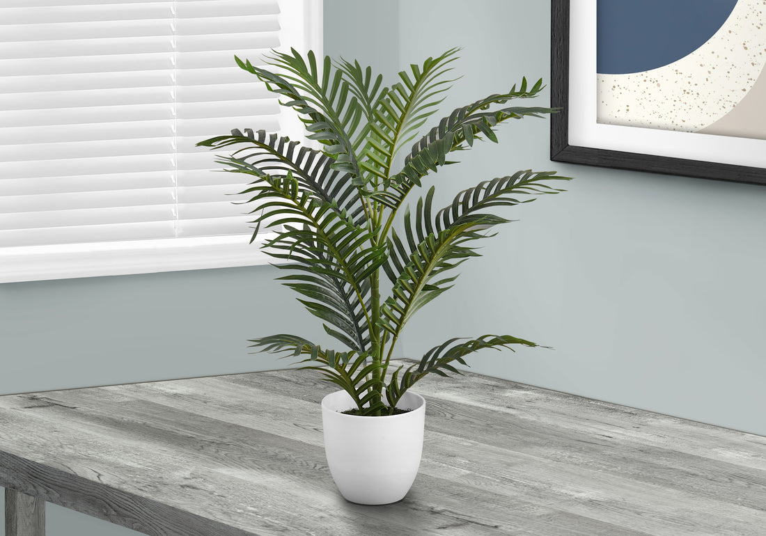 Artificial Plant, 28" Tall, Palm Tree, Indoor, Faux, Fake, Floor, Greenery, Potted, Real Touch, Decorative, Green Leaves, White Pot Green Foam Plastic