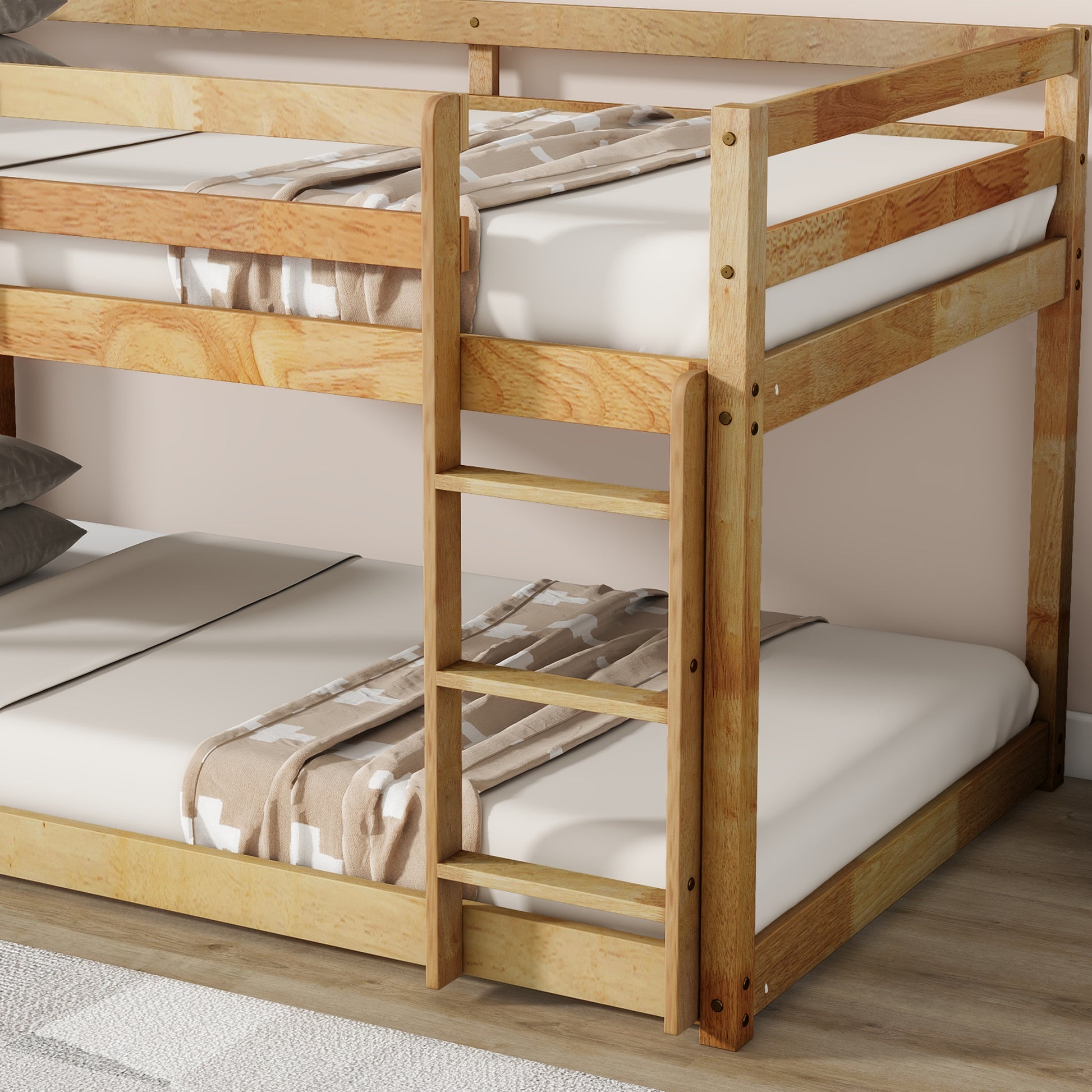 Solid Wooden, Solid Rubber Wooden Twin Over Twin Loft Bed With Ladder, With Bed Platform Of Strengthened Slatsnatural Twin Natural Rubber Wood