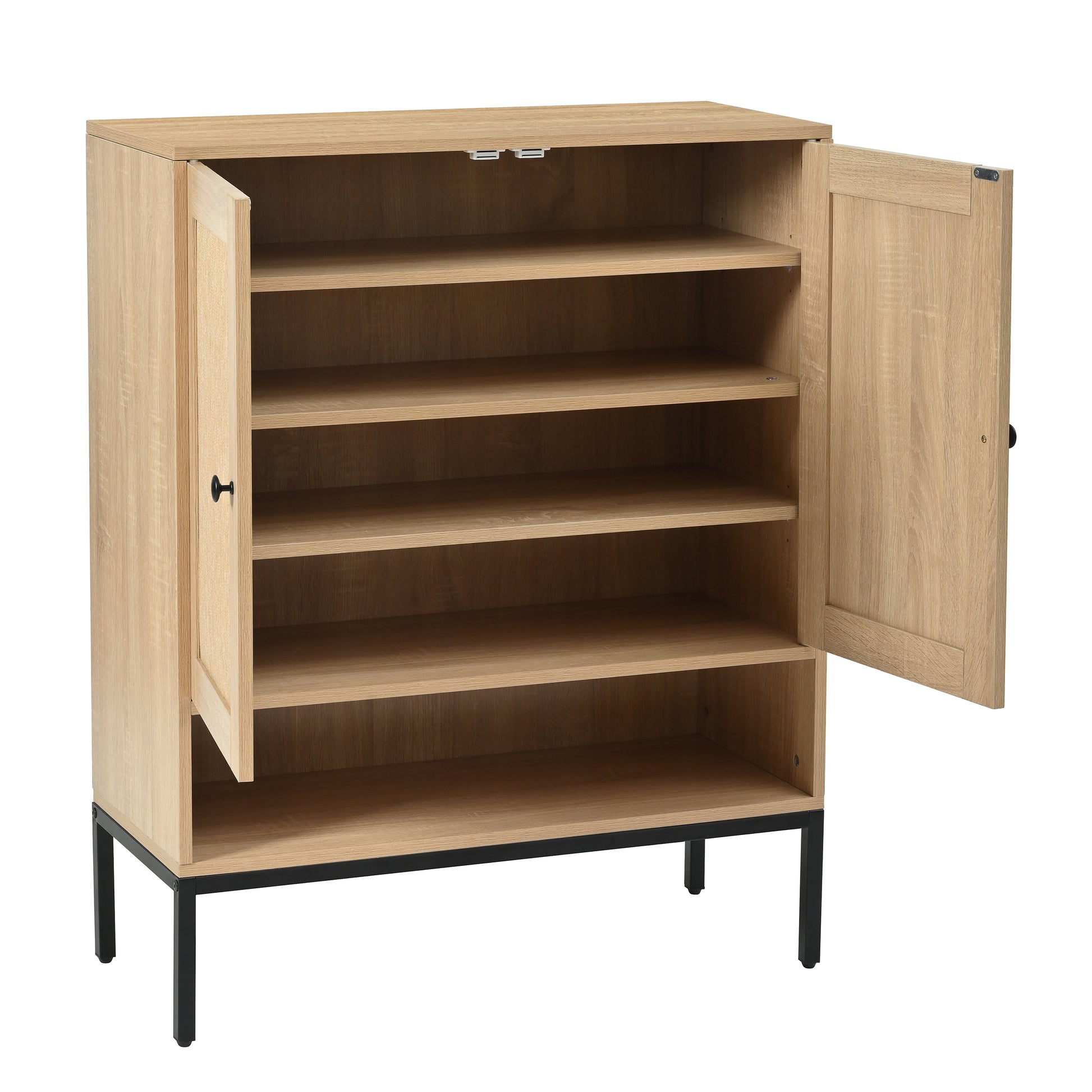 Rattan Shoe Cabinet With Adjustable Shelves, 5 Tier Shoe Storage Cabinet With Doors & Bottom Cubby, Wooden Shoes Rack Organizer For Entryway, Natural Natural Wood Mdf Metal