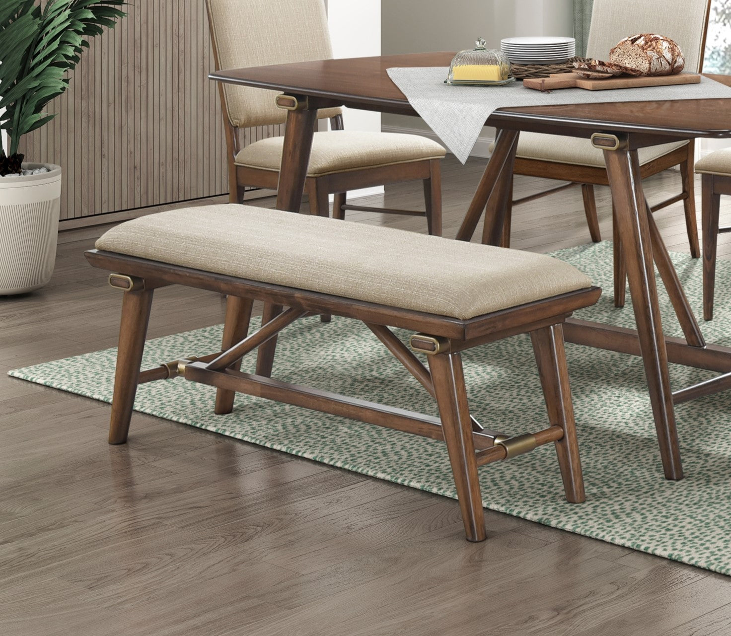 Modern Design 6Pc Dining Set Table Bench And 4X Side Chairs Fabric Upholstered Seat Brown Finish Wooden Dining Kitchen Furniture Brown Mix Seats 6 Dining Room Bench Seating Modern Dining Table With Chair And Bench Wood