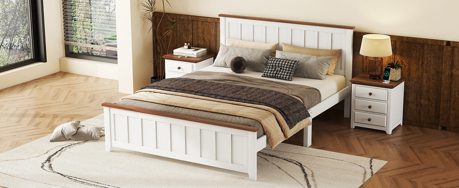 Queen Size Wood Platform Bed Wooden Slat Support, Vintage Simple Bed Frame With Rectangular Headboard And Footboard, White Box Spring Not Required Queen White Wood