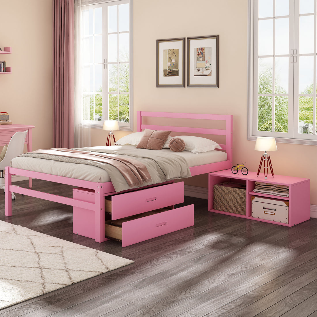 Full Size Wood Platform Bed With Removable Storage Shelves, Built In Two Storage Drawers For Added Convenience, Pink Full Pink Wood