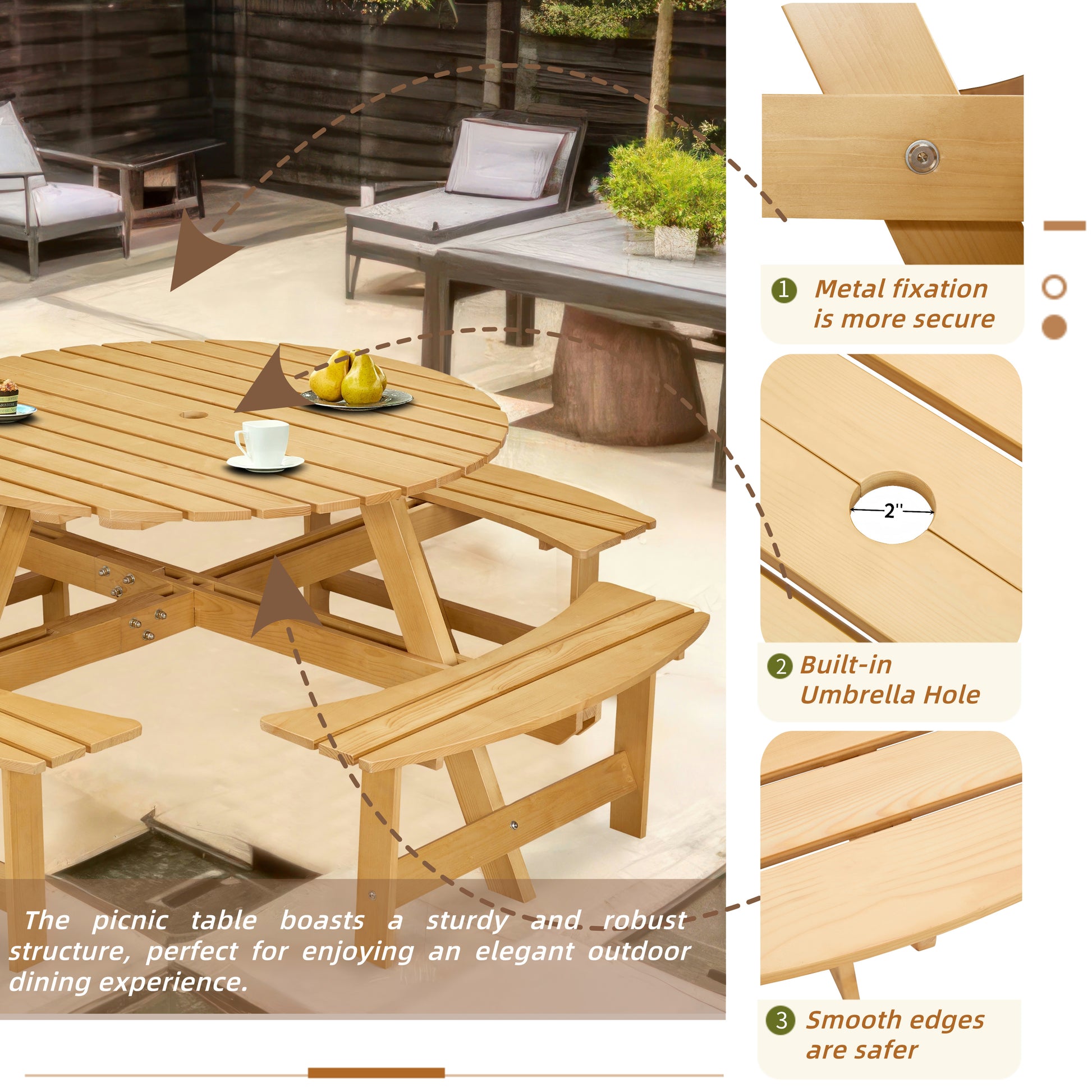 Outdoor 8 Person Picnic Table, 8 Person Round Picnic Table With 4 Built In Benches, Umbrella Hole, Outside Table And Bench Set For Garden, Backyard, Porch, Patio, Natural Natural Wood Metal