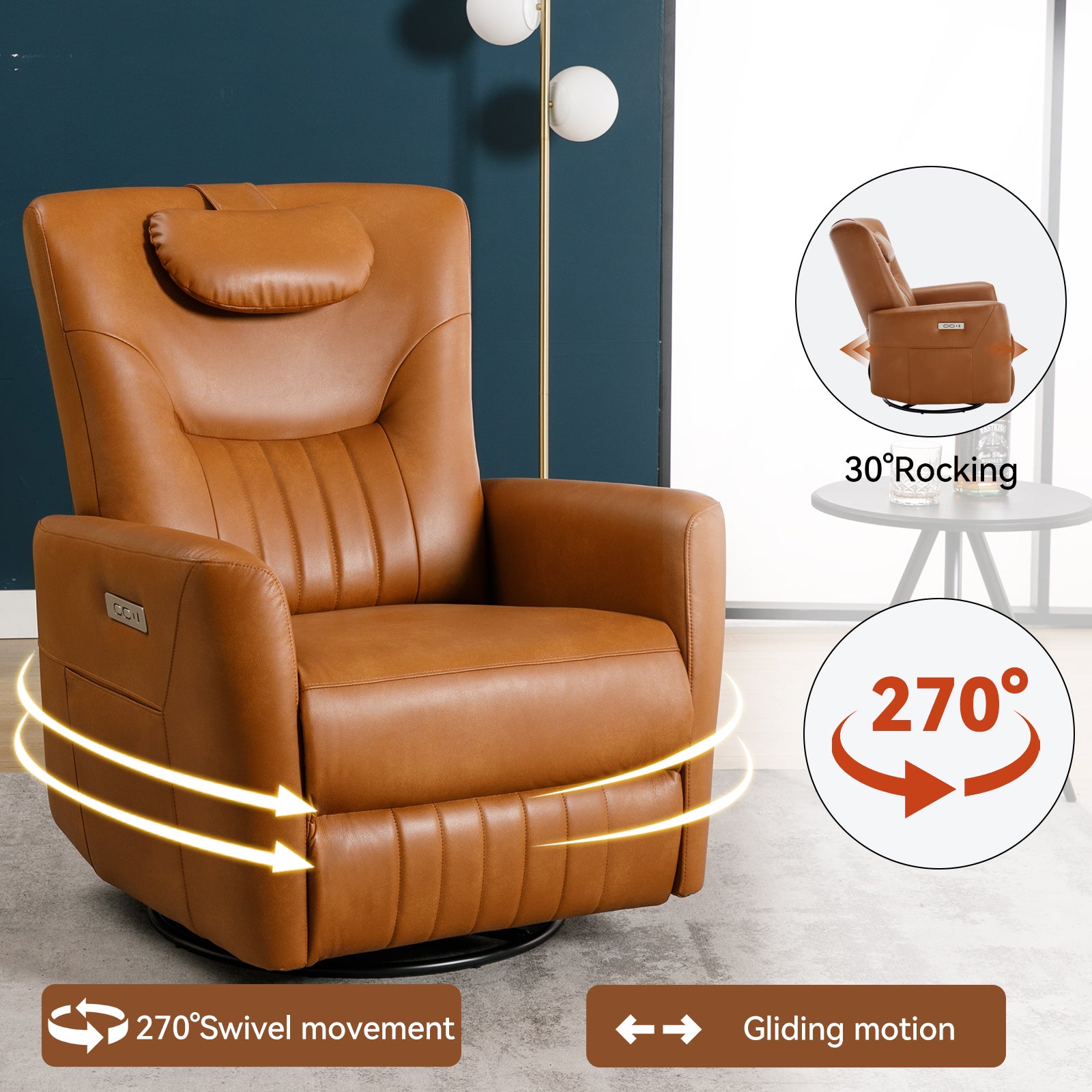 Yellow Brown Leatheraire Swivel And Rocker Power Recliner Chair With Lumbar And Neck Support Pillow, Heavy Duty Motion Mechanism With Usb And Type C Yellow Brown Faux Leather Power Push Button Metal Primary Living Space Medium Firm Tight Back Heavy Duty