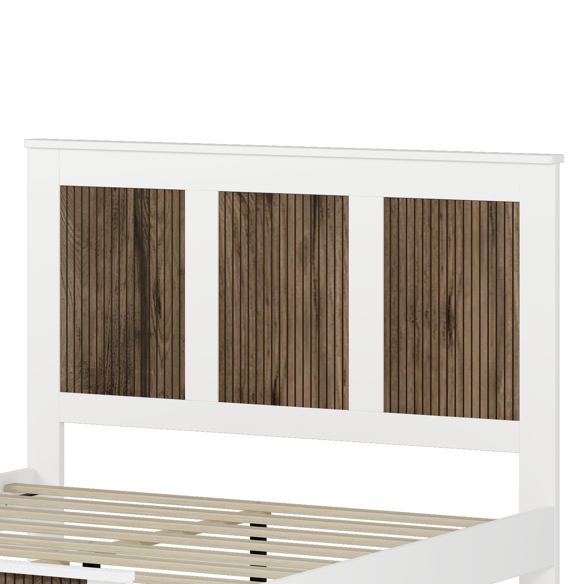 Farmhouse Wooden Platform Queen Size Bed, Modern Platform Bed With Wooden Strip Decoration, Plywood Slats Support, White Queen White Particle Board
