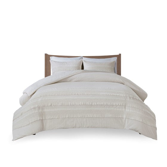 3 Piece Cotton Seersucker Duvet Cover Set Queen Ivory Cotton