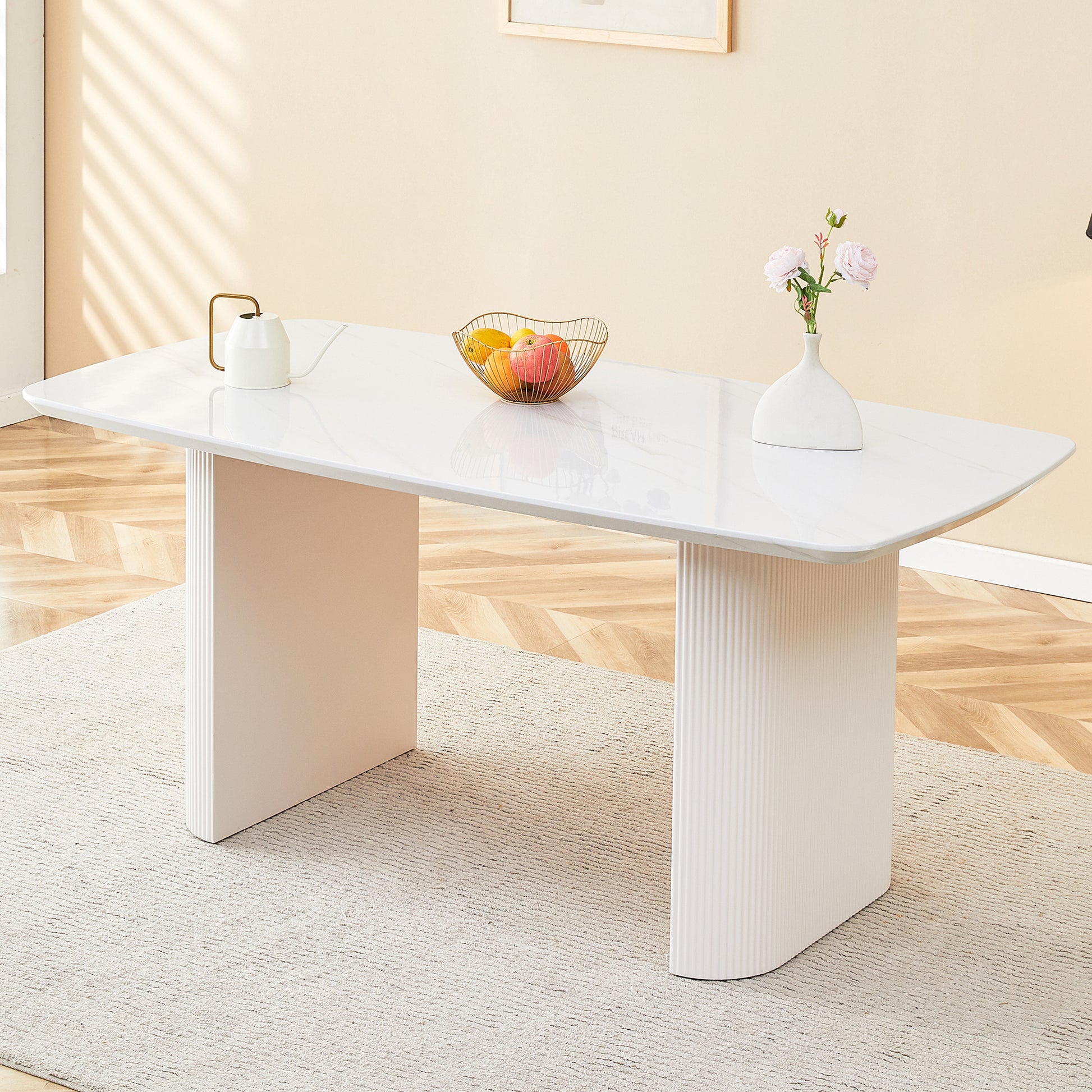 Cream Style Mdf White Dining Table.It Is A Furniture With A Warm And Soft Appearance, Suitable For Creating A Comfortable And Friendly Dining Environment, Suitable For Kitchens, Dining Rooms,Etc. White Mdf