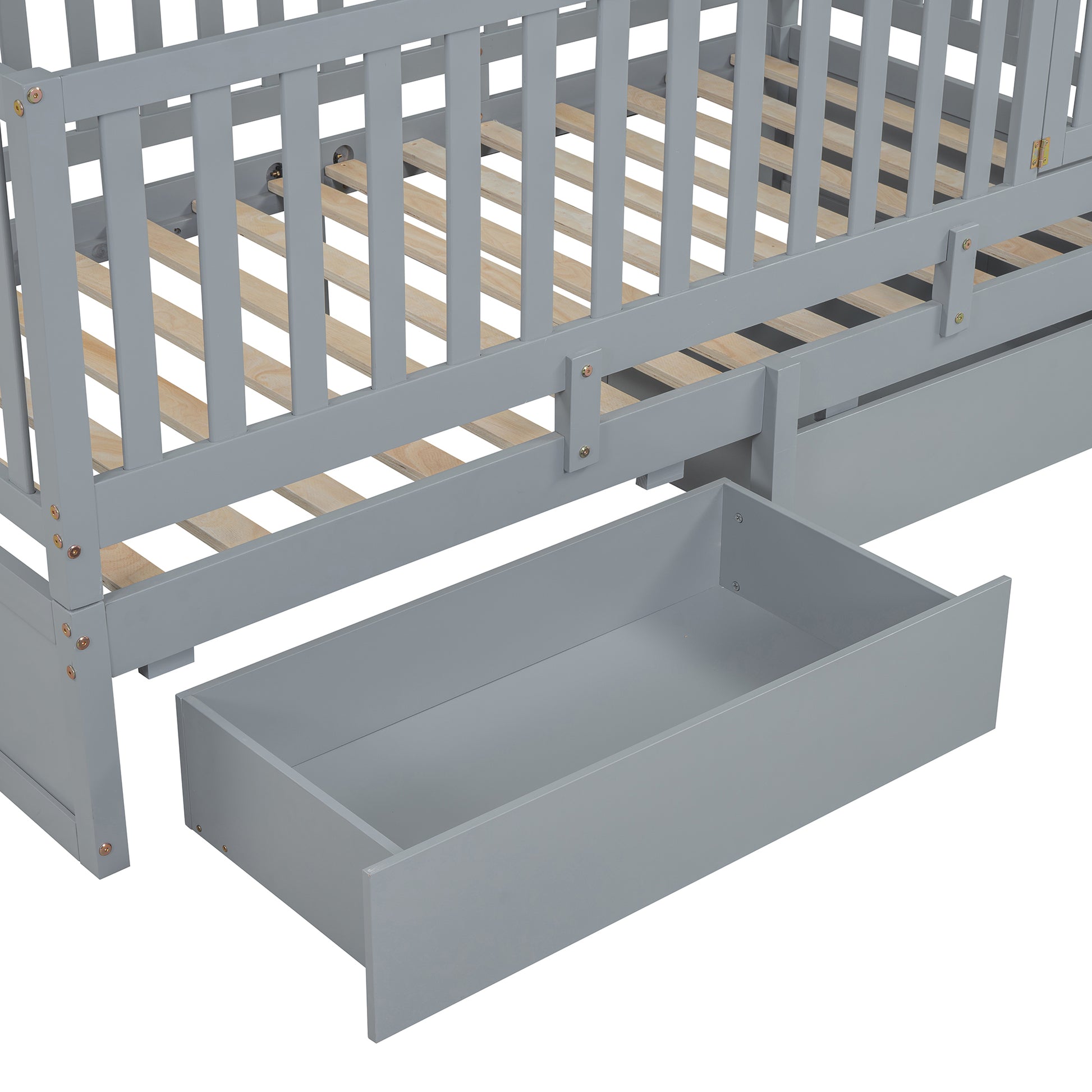 Twin Size Wood Daybed With Fence Guardrails And 2 Drawers, Split Into Independent Floor Bed & Daybed, Gray Old Sku :Lp000881Aae Twin Gray Solid Wood Mdf