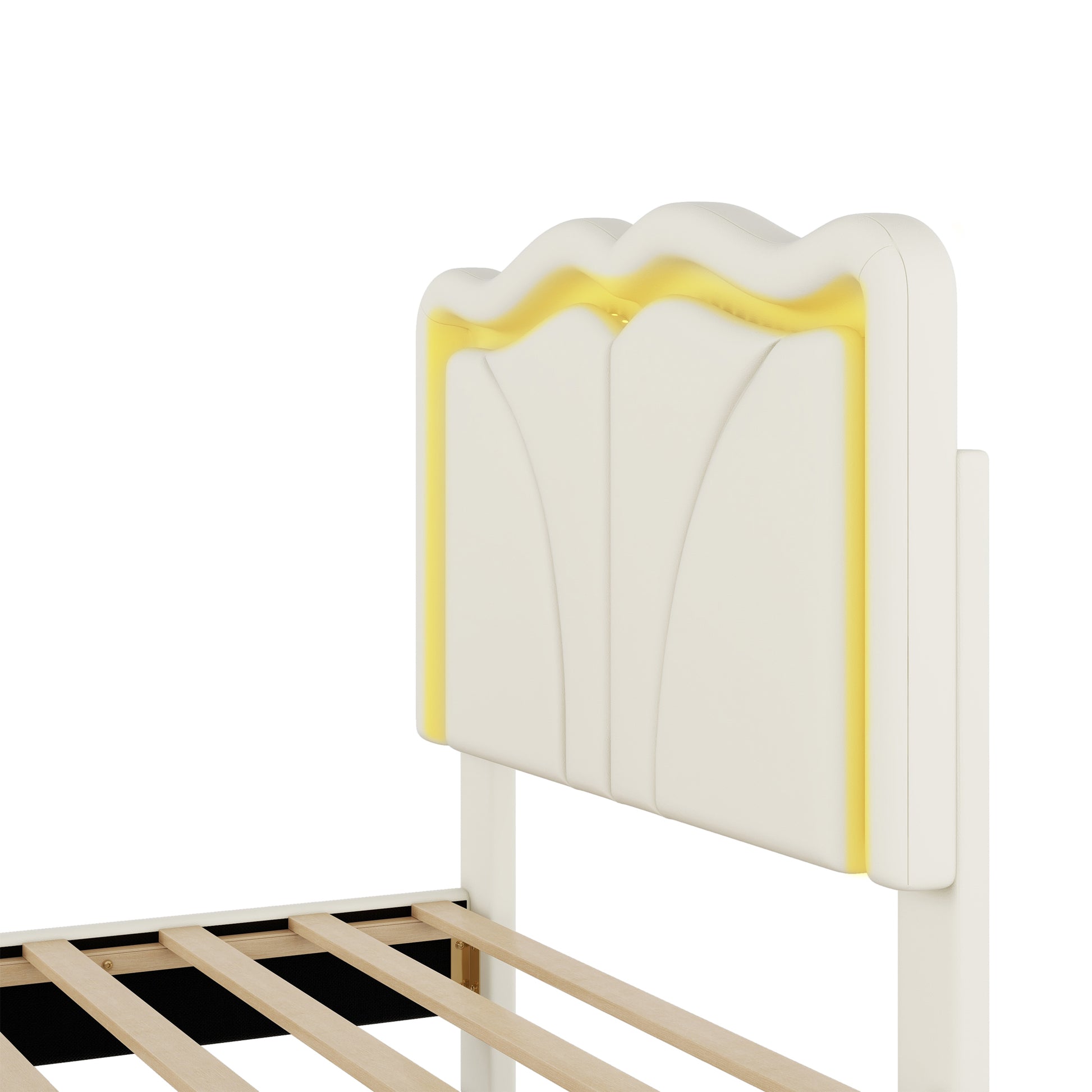 Twin Size Upholstered Platform Bed With Curve Shaped And Height Adjustbale Headboard,Led Light Strips,White Twin White Upholstered