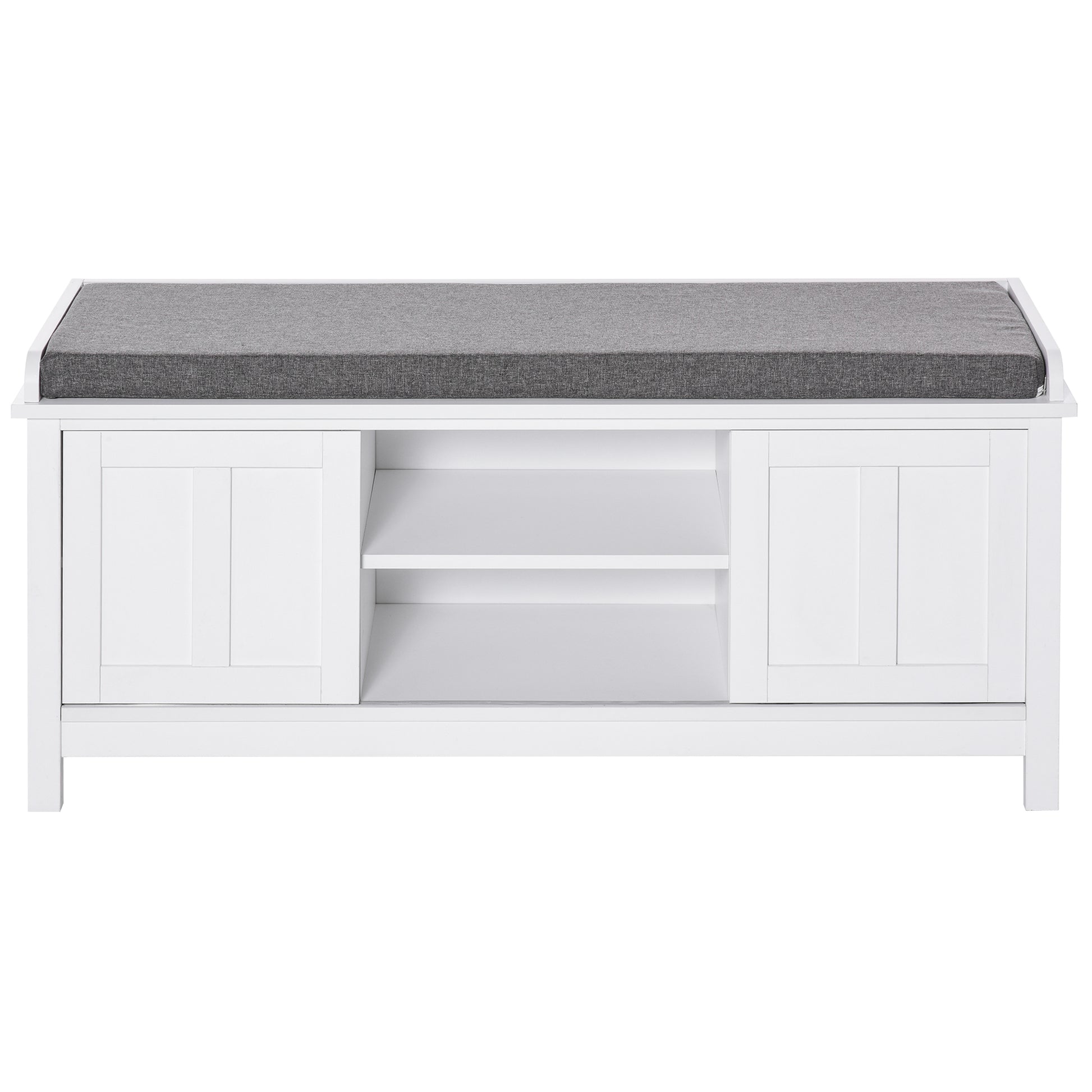 Homcom Entryway Shoe Bench Storage Ottoman With Sliding Doors, Adjustable Shelving, 6 Compartments, And Padded Seat, Holds 10 Pairs, White White Particle Board