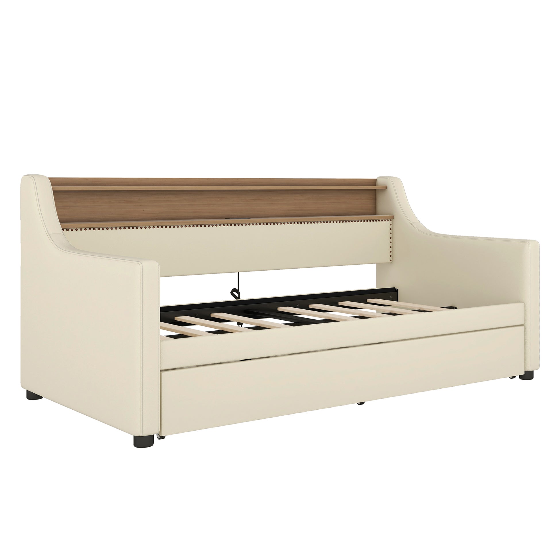 Twin Size Daybed With Trundle, Upholstered Daybed With Charging Station And Led Lights, Beige Twin Beige Pu Leather