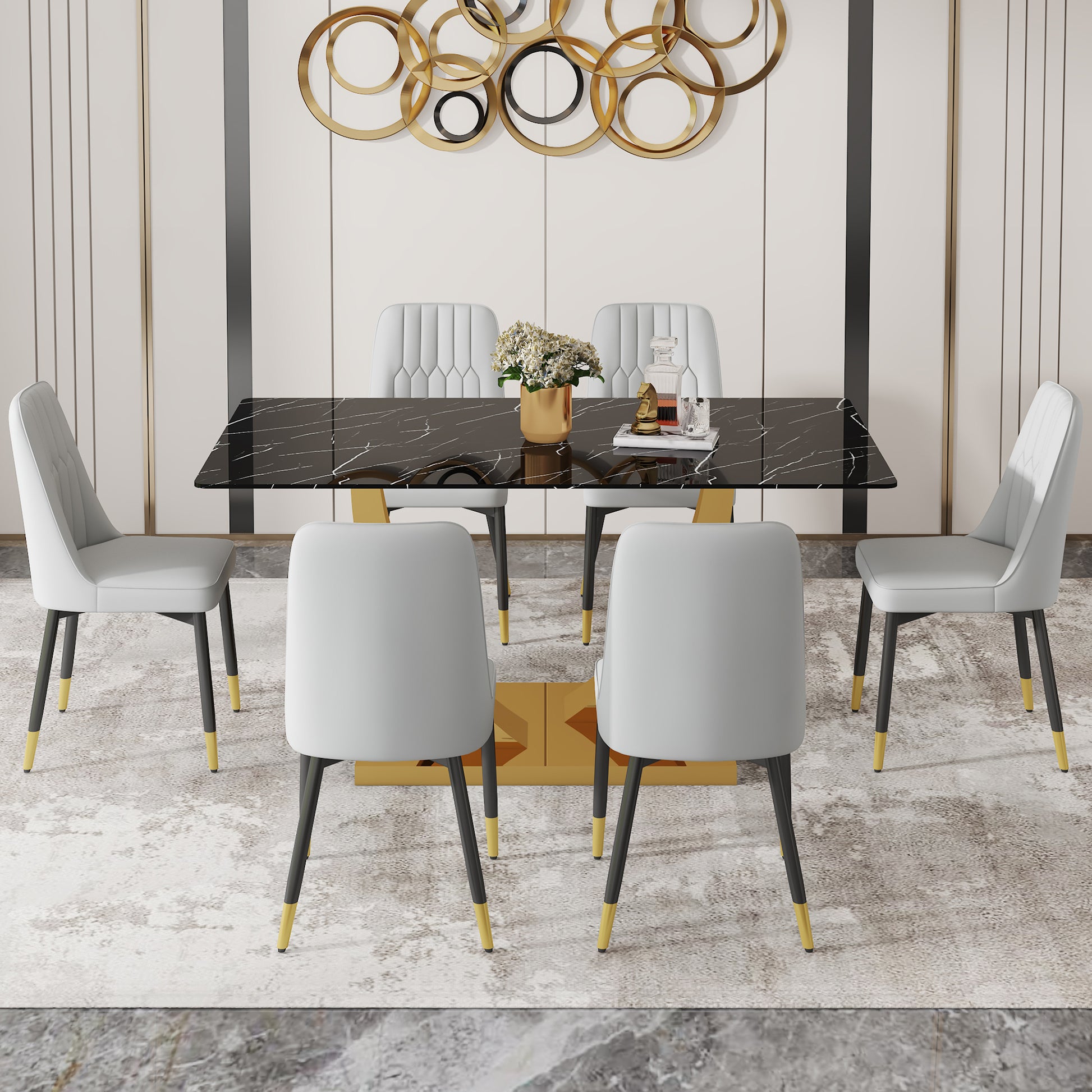 Table And Chair Set.Modern Rectangular Dining Table With Black Textured Stickers Glass Tabletop And Gold Plated Metal Legs.Paried With 6 Comfortable Chairs With Pu Seats And Black Metal Legs. Black Gold,Light Gray Seats 6 Glass Metal