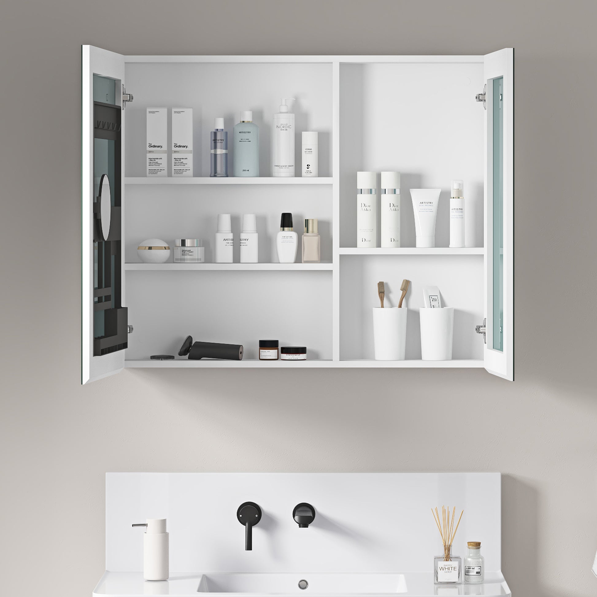 36'' W X 30'' H Surface Frameless Mirror Medicine Cabinet, Beveled Mirror Edges Bathroom Medicine Cabinet White Engineered Wood