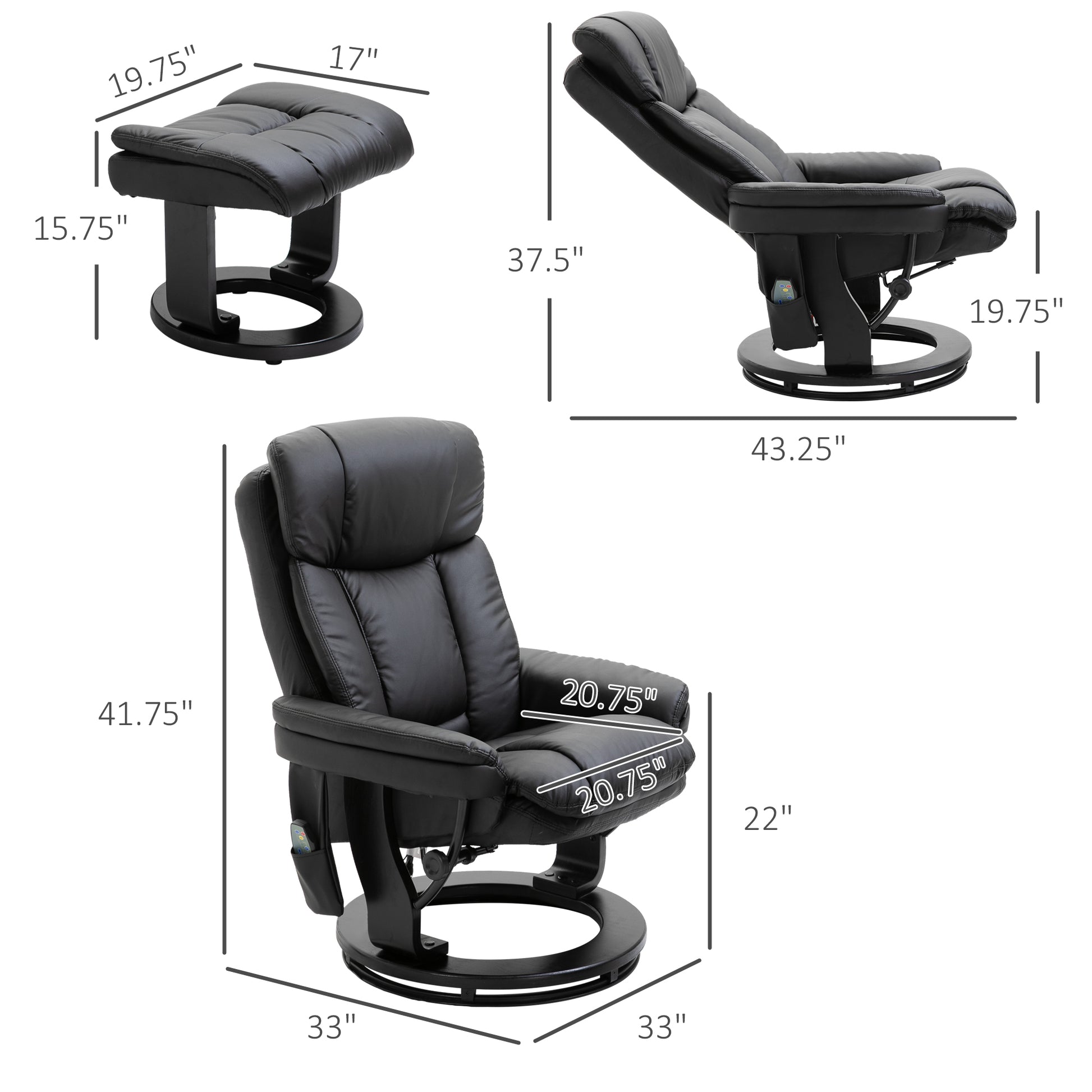 Homcom Pu Leather Massage Recliner Chair With Ottoman 10 Point Vibration Swiveling Armchair, Black Black Wood Metal