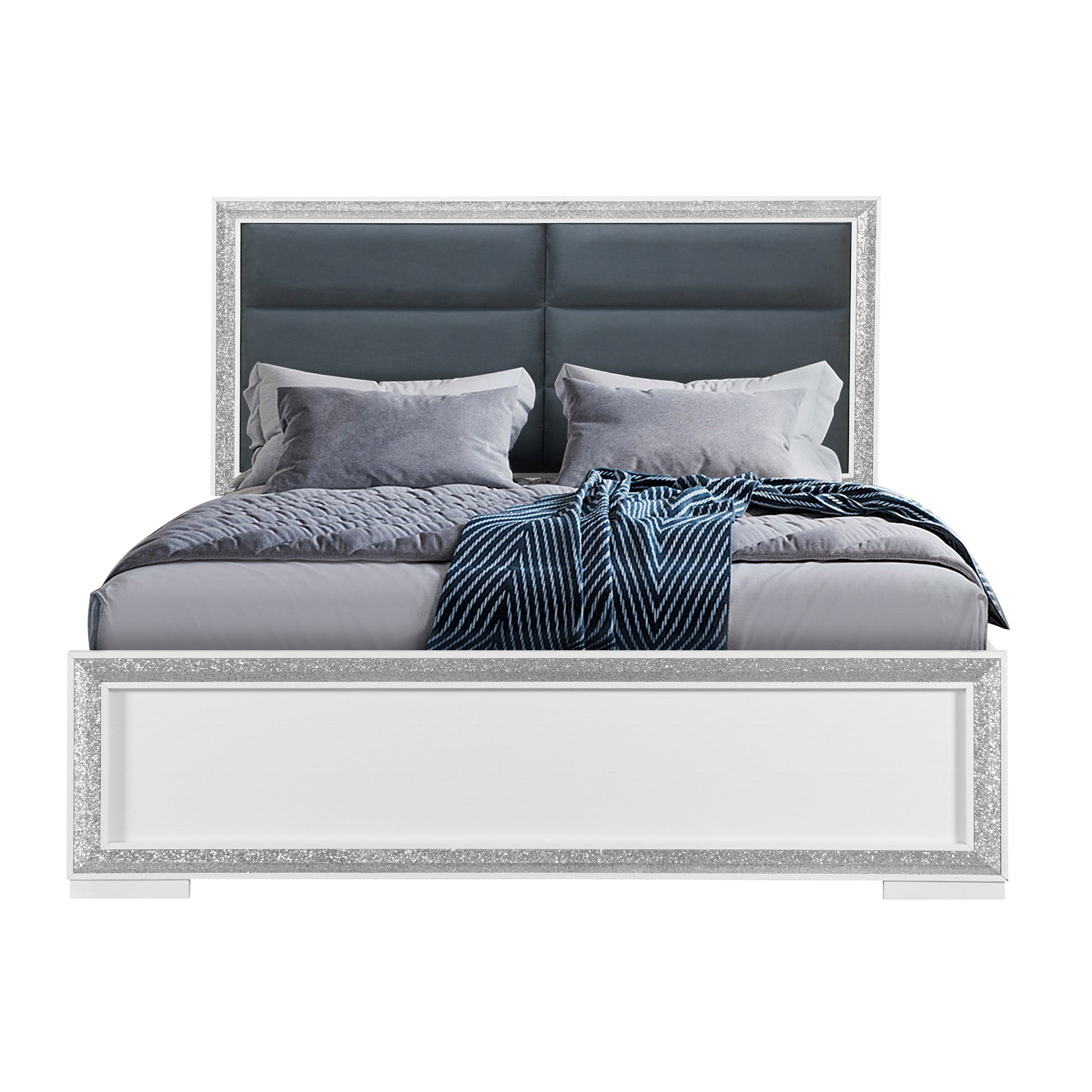 Annie Silver Queen Bed With Led Box Spring Required Full Silver Wood Gray Bedroom Contemporary Rubberwood Bed Frame Wood Polyester Wood