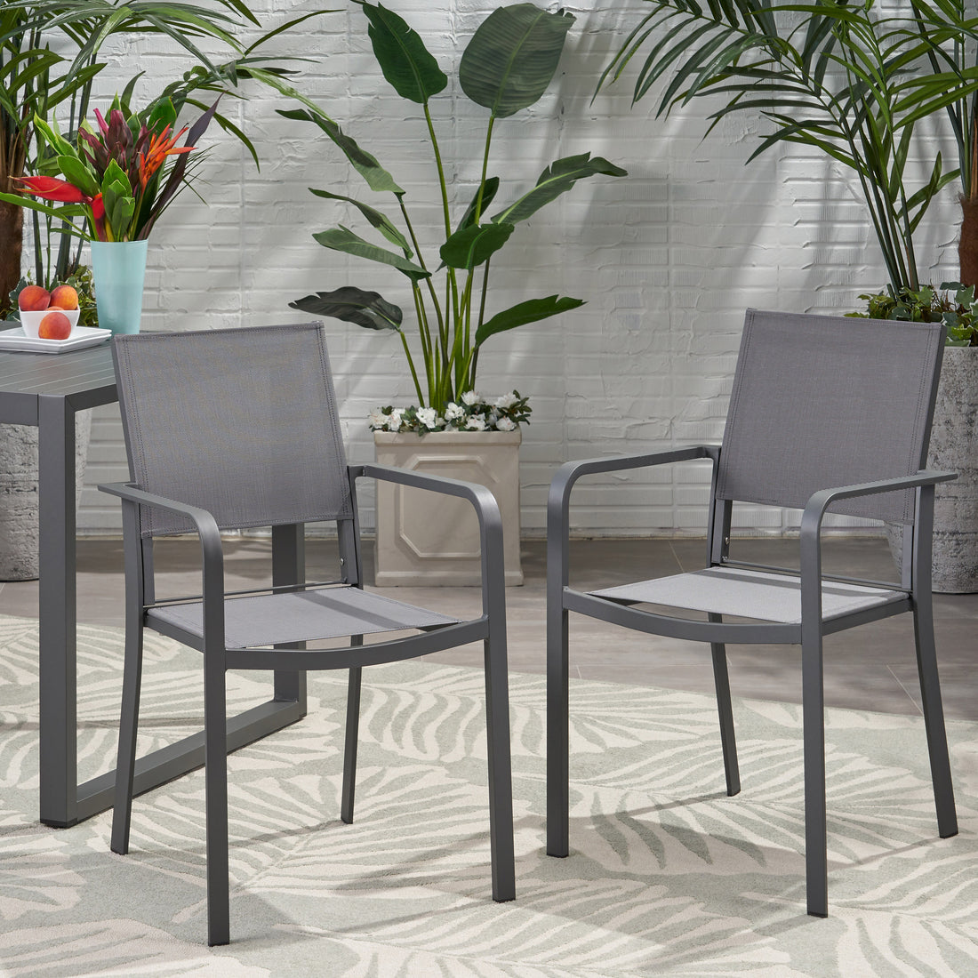 Outdoor Modern Aluminum Dining Chair With Mesh Seat Set Of 2 , Metal Gray And Dark Gray Gray Aluminium