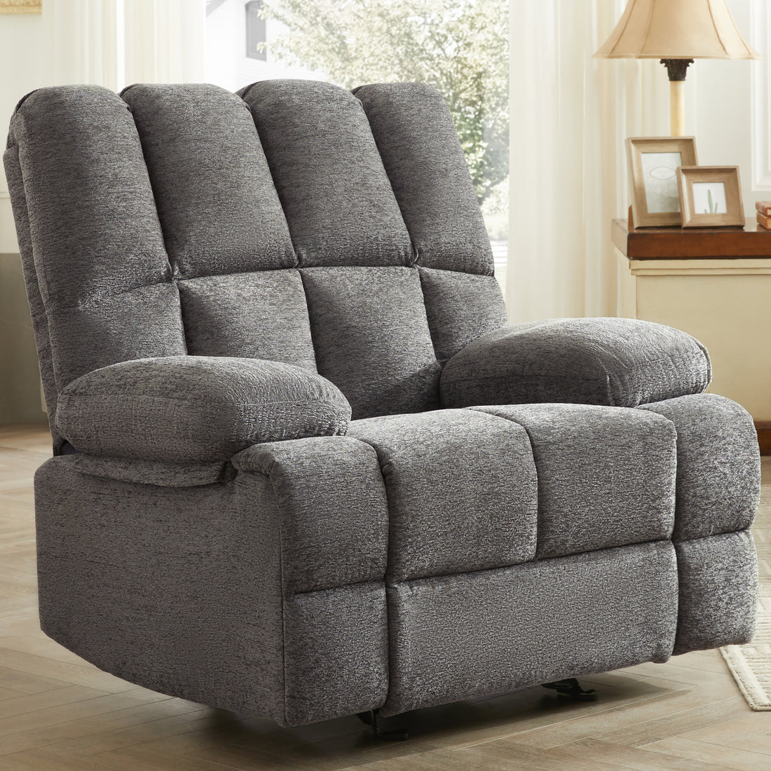 Oversize Rocker Recliner Chair For Adults, Extra Wide Rocking Recliner Chair Manual Recliner, Bid Man Recliners, Limestone Grey Brown Wood Primary Living Space Heavy Duty Handle Acacia Grey Chenille Manual Handle Soft Cushion Back American Design,Modern