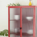 Retro Style Red Tall Freestanding Display Cupboard Stylish Fluted Glass Storage Cabinet With Glass Doors Three Detachable Shelves Bottom Space For Office Dining Room Living Room Old Sku:W68751710 Red Steel