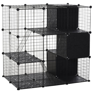 Pawhut Pet Playpen Small Animal Cage 56 Panels With Doors, Ramps And Storage Shelf For Rabbit, Kitten, Chinchillas, Guinea Pig And Ferret Black Metal