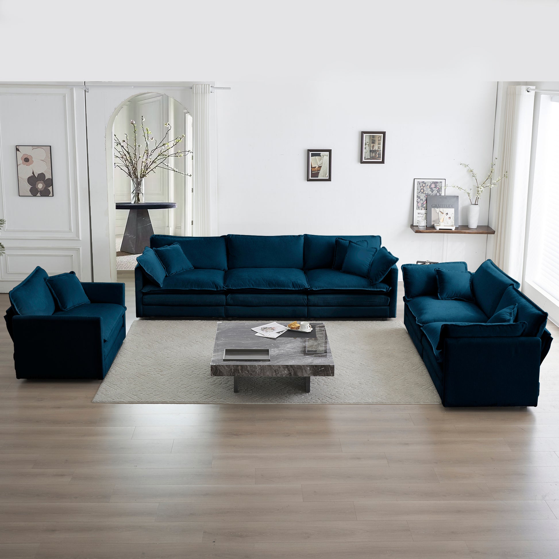 Modern Sofa Couch, 3 Piece Set Extra Deep Seat Sectional Sofa For Living Room, Oversized Sofa, 3 Seat Sofa, Loveseat And Single Sofa, Blue Chenille Blue Chenille 6 Seat