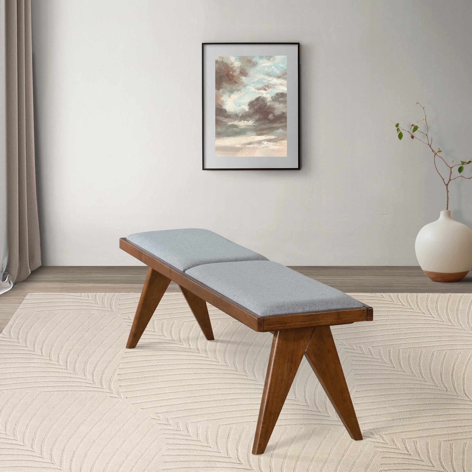 Keira Bench Grey Fabric Brown,Light Gray Brown Grey Mid Century Modern Rubberwood Foam Fabric,Solid Wood