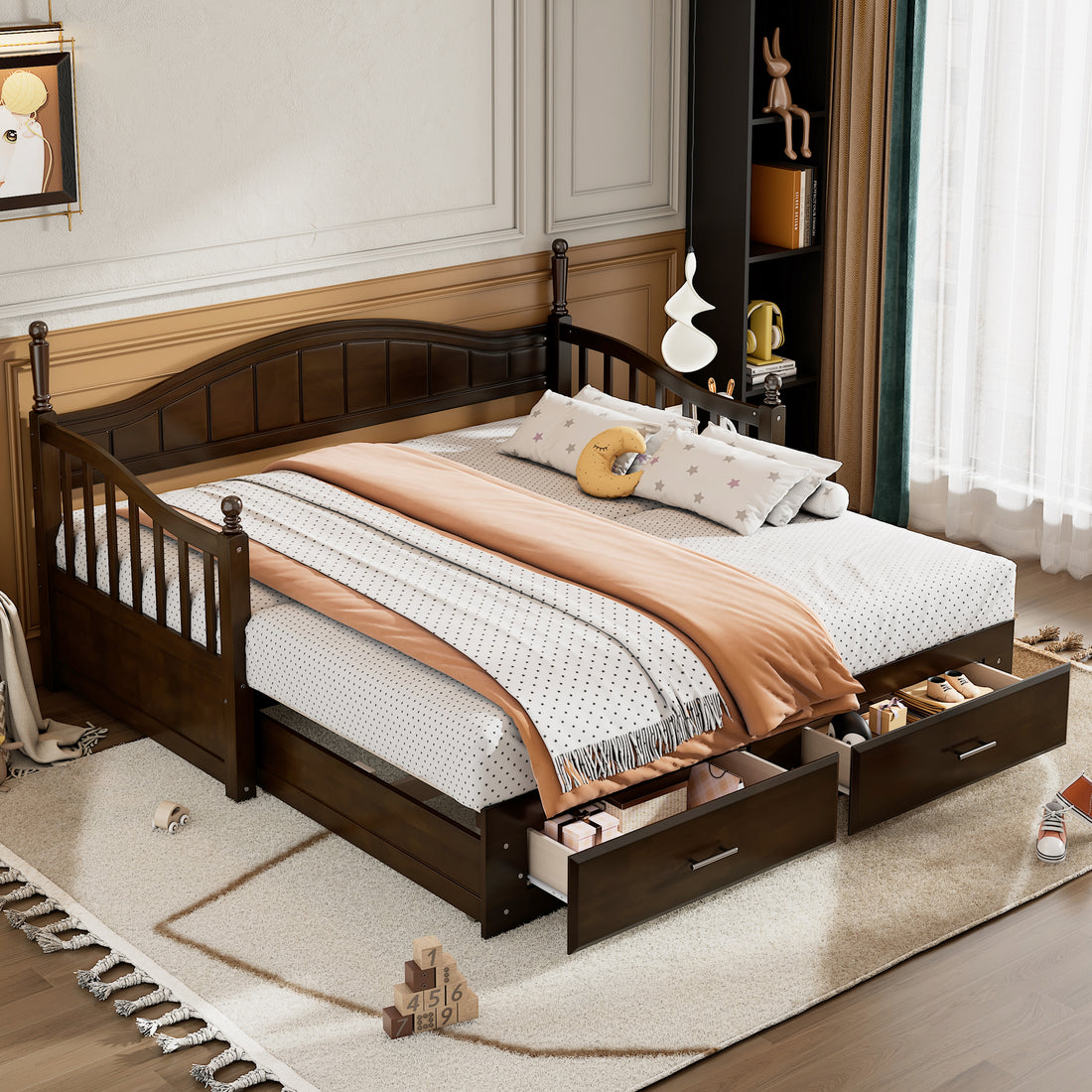 Wooden Twin Size Daybed With Twin Size Trundle, Extendable Daybed With Two Storage Drawers, Espresso Expected Arrival Time:9.12 Twin Espresso Wood